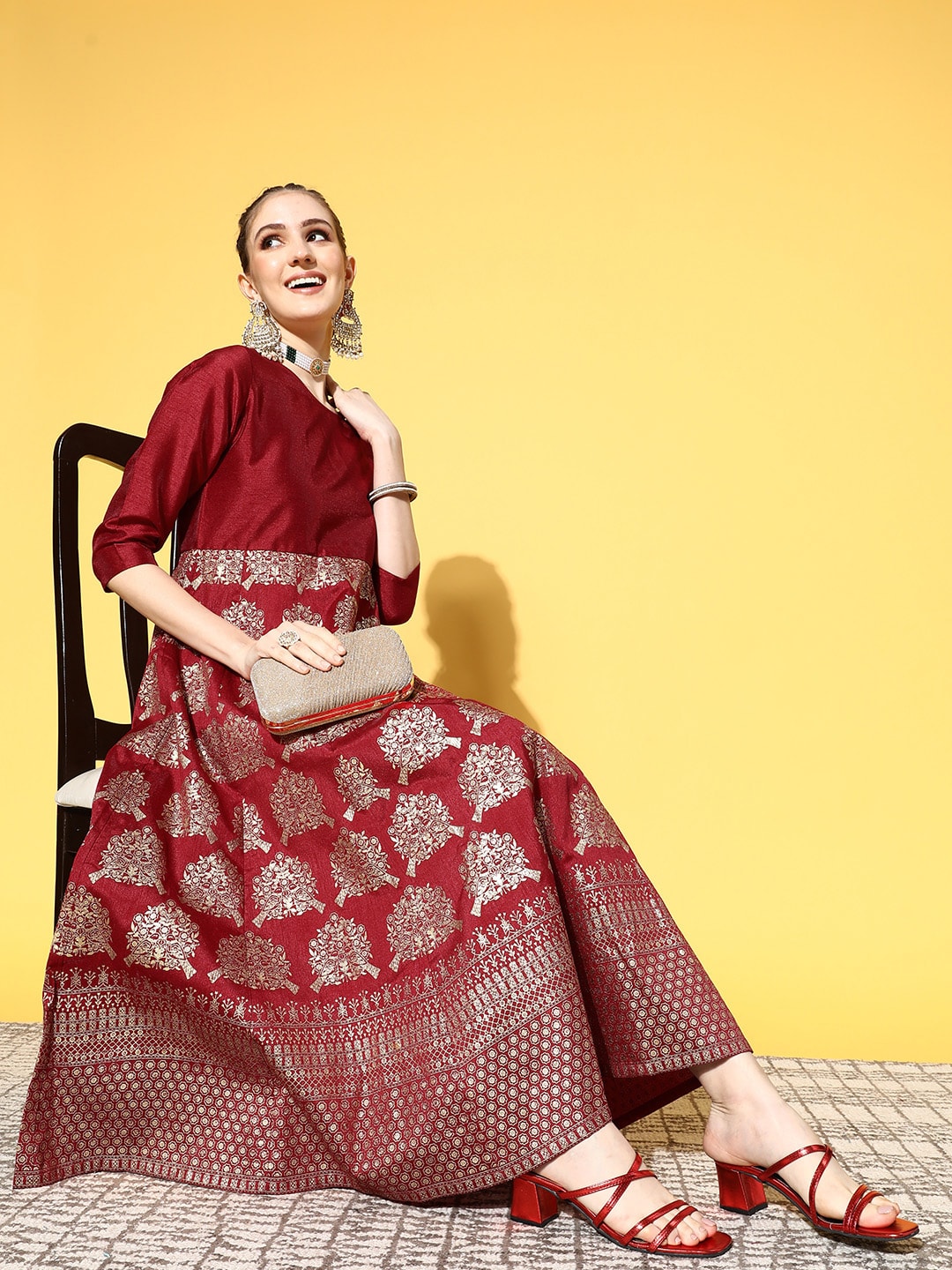 Shae by SASSAFRAS Women Maroon Polyester Brocade Ethnic Dress Price in India