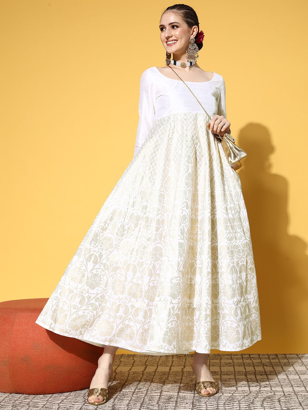 Shae by SASSAFRAS Women White Polyester Brocade Ethnic Dress Price in India