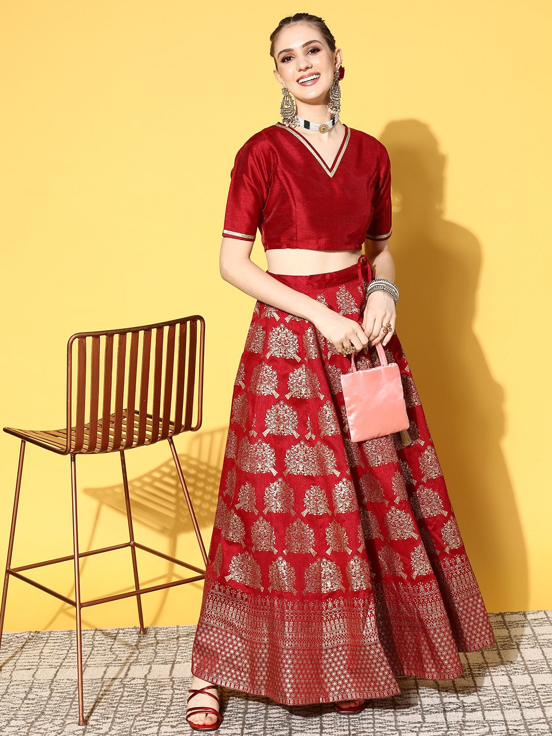 Shae by SASSAFRAS Maroon & Golden Ethnic Print Flared Maxi Skirt Price in India