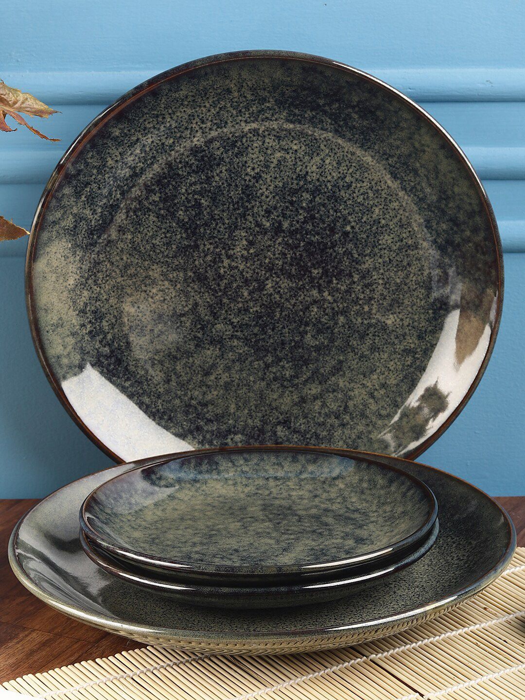 MIAH Decor Black & 4 Pieces Textured Stoneware Glossy Dinner Set Price in India