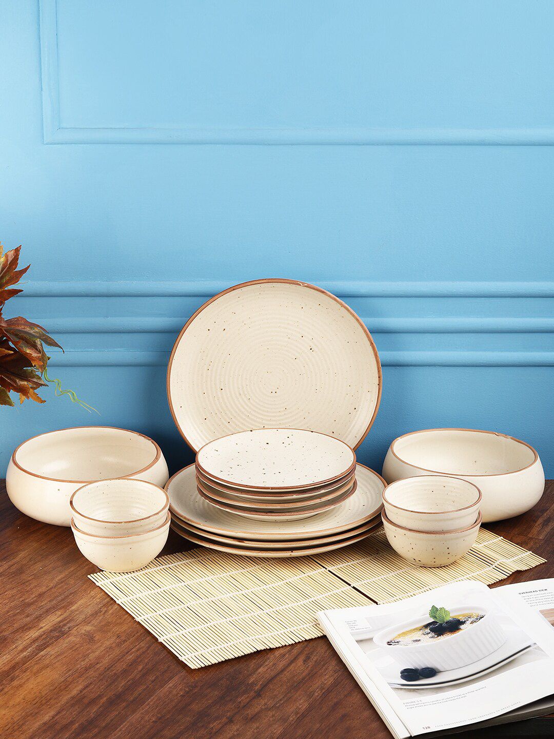 MIAH Decor Cream-Coloured Set Of 14 Textured Stoneware Matte Dinner Set Price in India