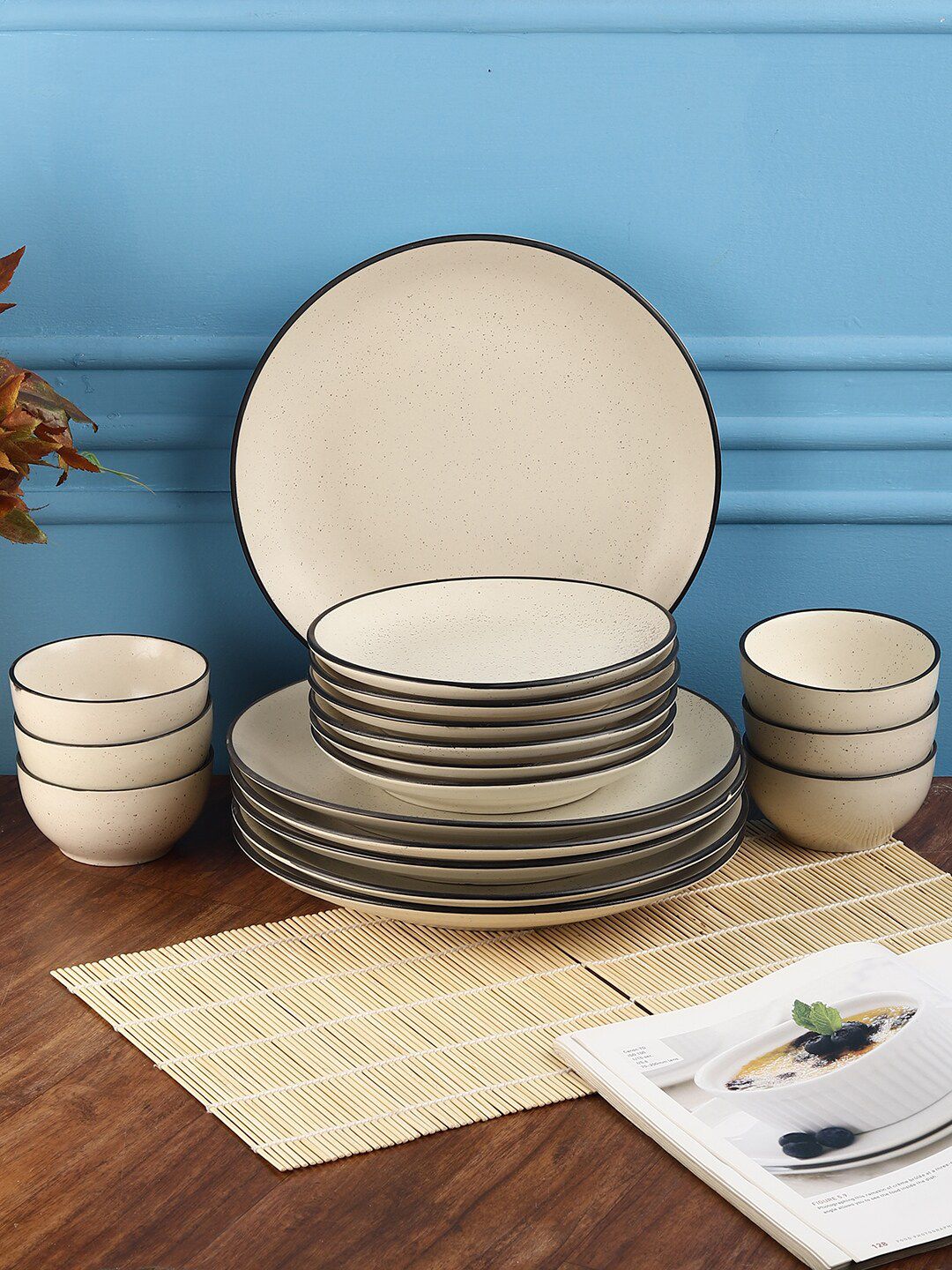 MIAH Decor White & Black Set Of 20 Textured Stoneware Matte Dinner Set Price in India