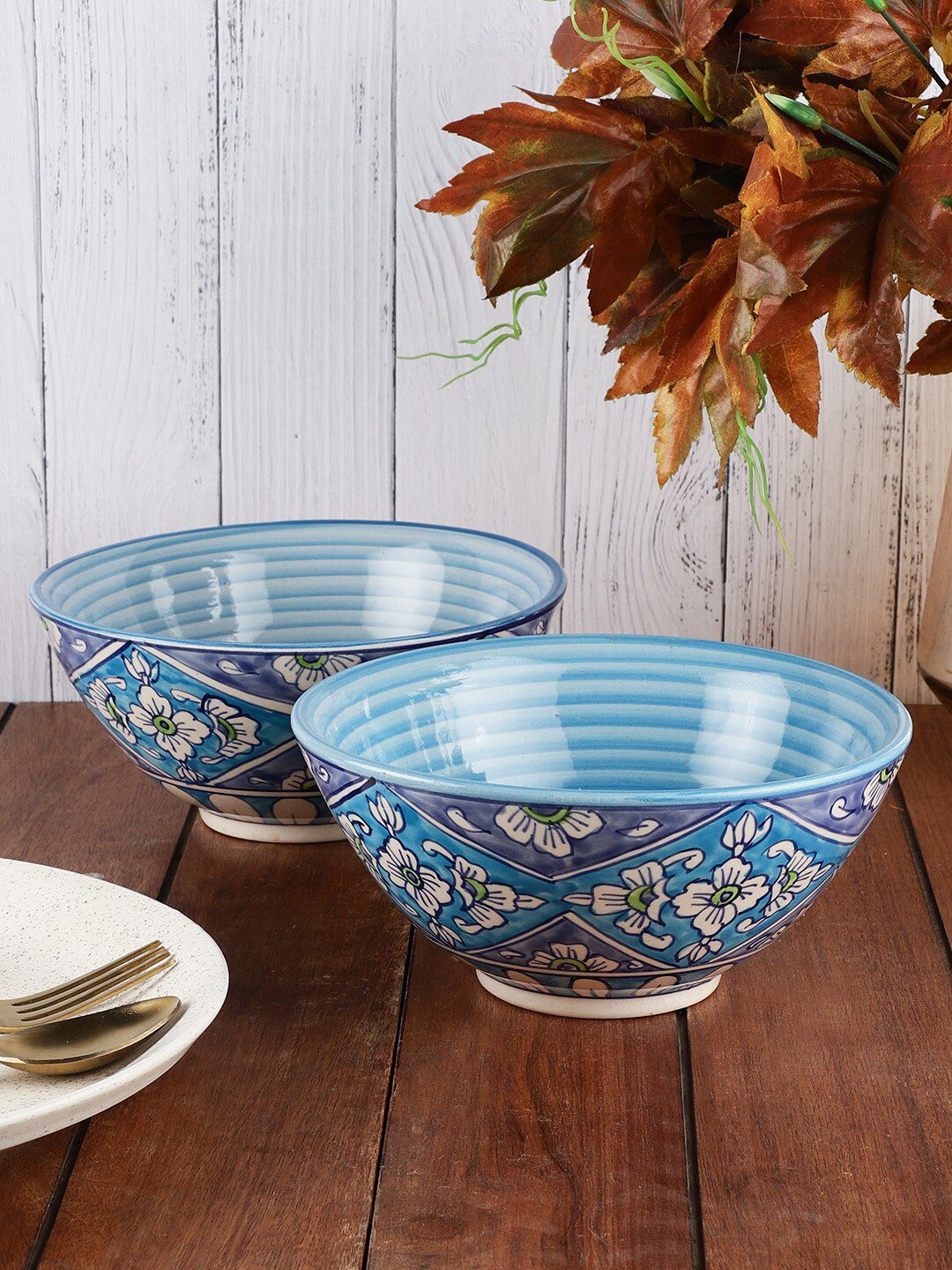 MIAH Decor Blue & White 2 Pieces Handcrafted and Hand Painted Printed Ceramic Glossy Bowls Price in India