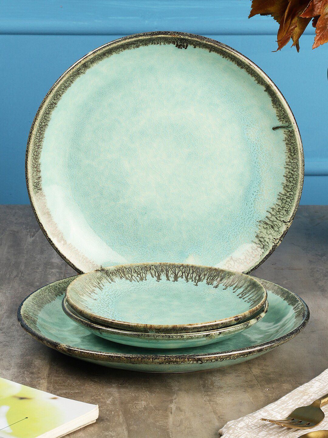 MIAH Decor Green & Blue 4 Pieces Handcrafted Printed Stoneware Glossy Dinner Set Price in India