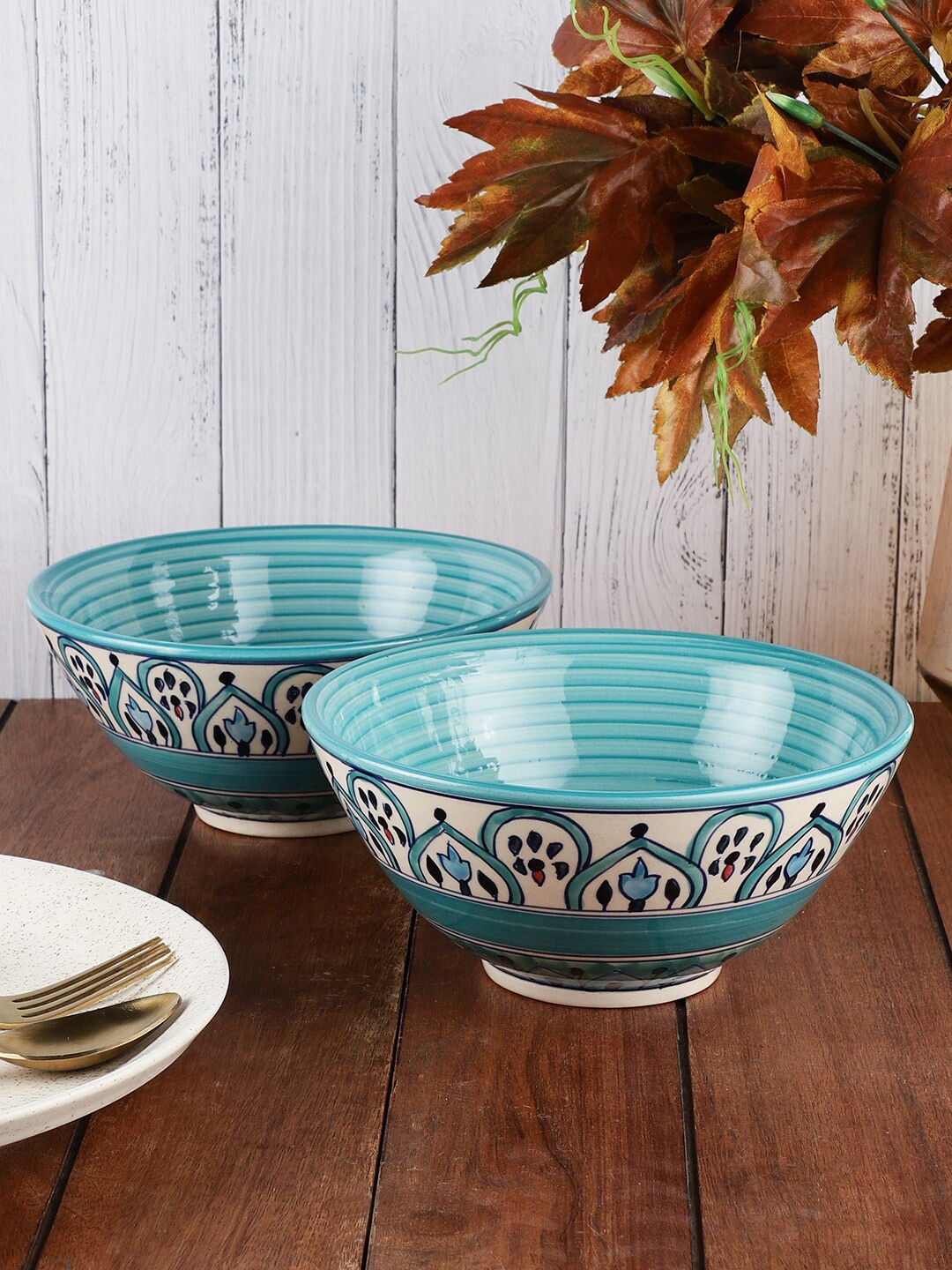 MIAH Decor Green & White 2 Pieces Printed Ceramic Glossy Serving Bowls Price in India