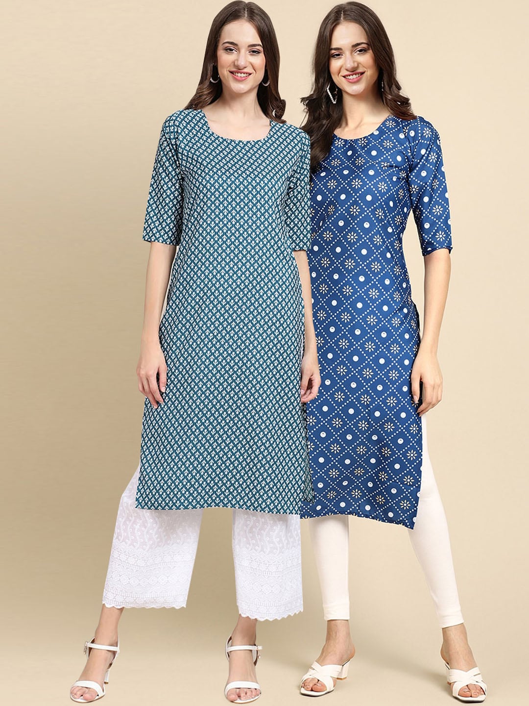 KALINI Women Blue & Teal Pack Of 2 Geometric Printed Summer Sheers Crepe Kurta Price in India