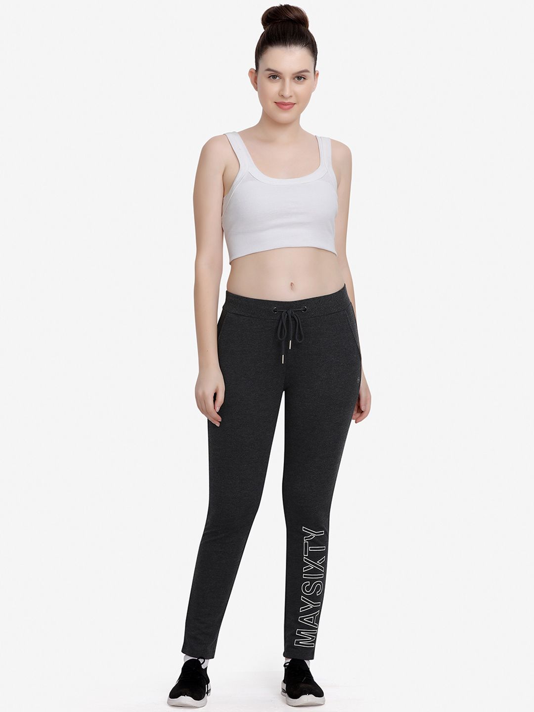 MAYSIXTY Women Grey Melange Solid Slim-Fit Cotton Track Pants Price in India