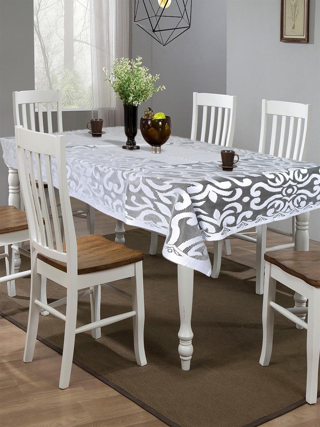 Kuber Industries White 6-Seater Printed Cotton Dining Table Cover Price in India