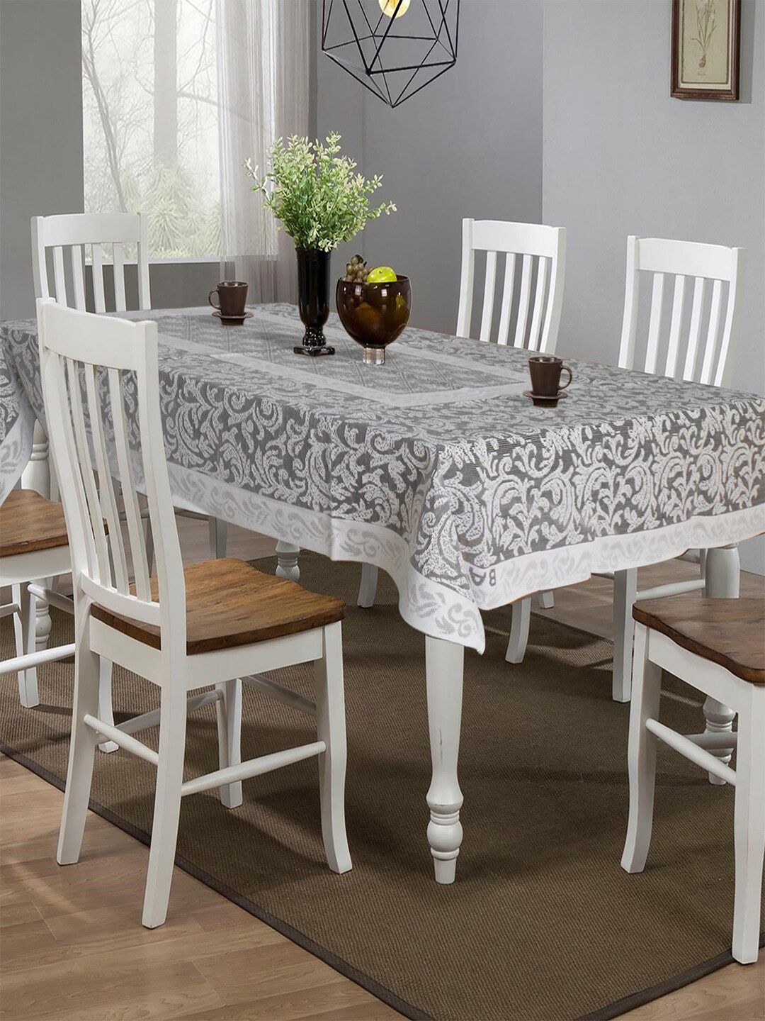 Kuber Industries White & Grey Printed 6 Seater Cotton Table Cover Price in India