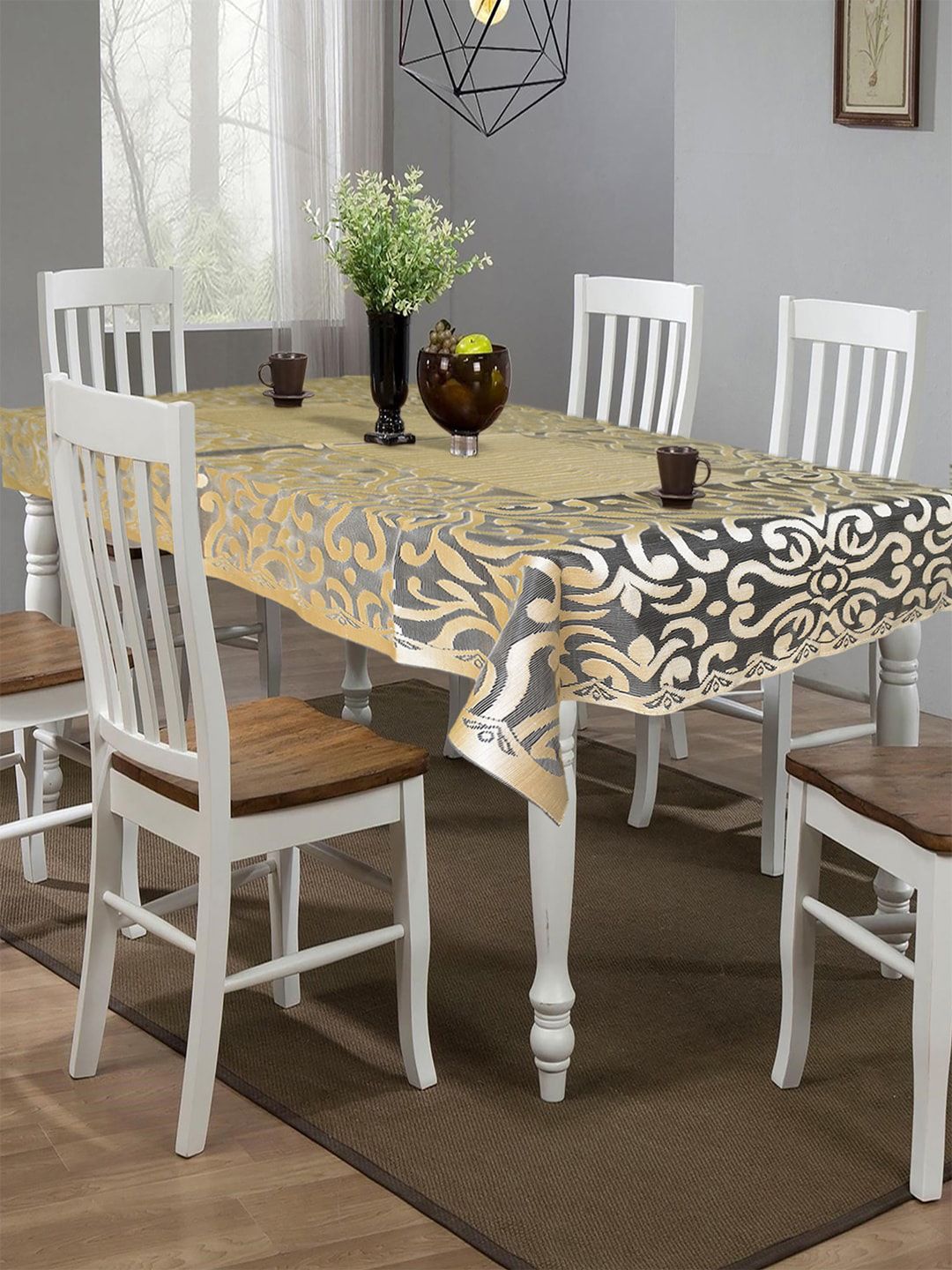 Kuber Industries Gold Self Designed 6-Seater Cotton Table Cover Price in India