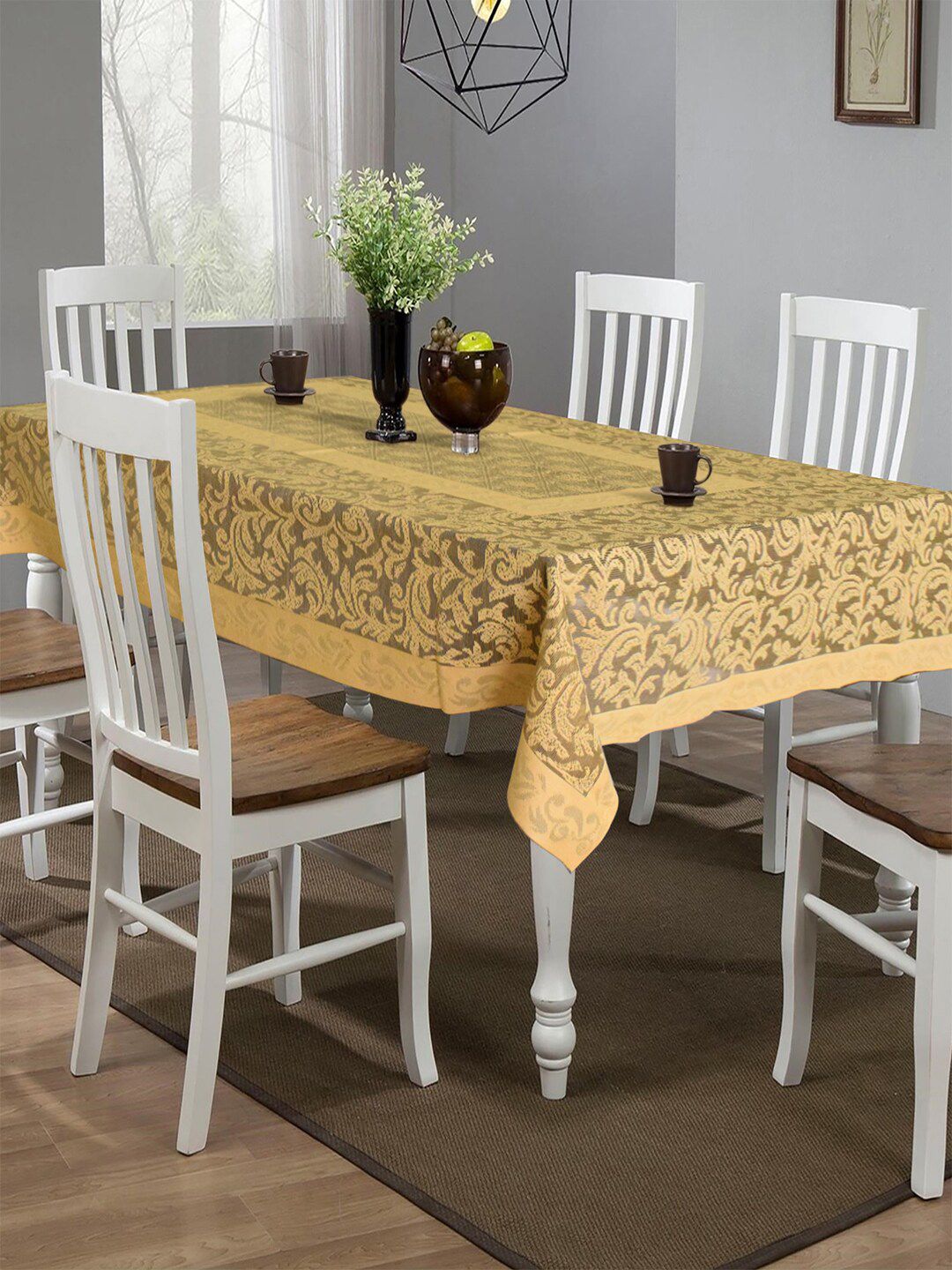 Kuber Industries Mustard Yellow & Brown Self Designed 6 Seater Cotton Table Cover Price in India