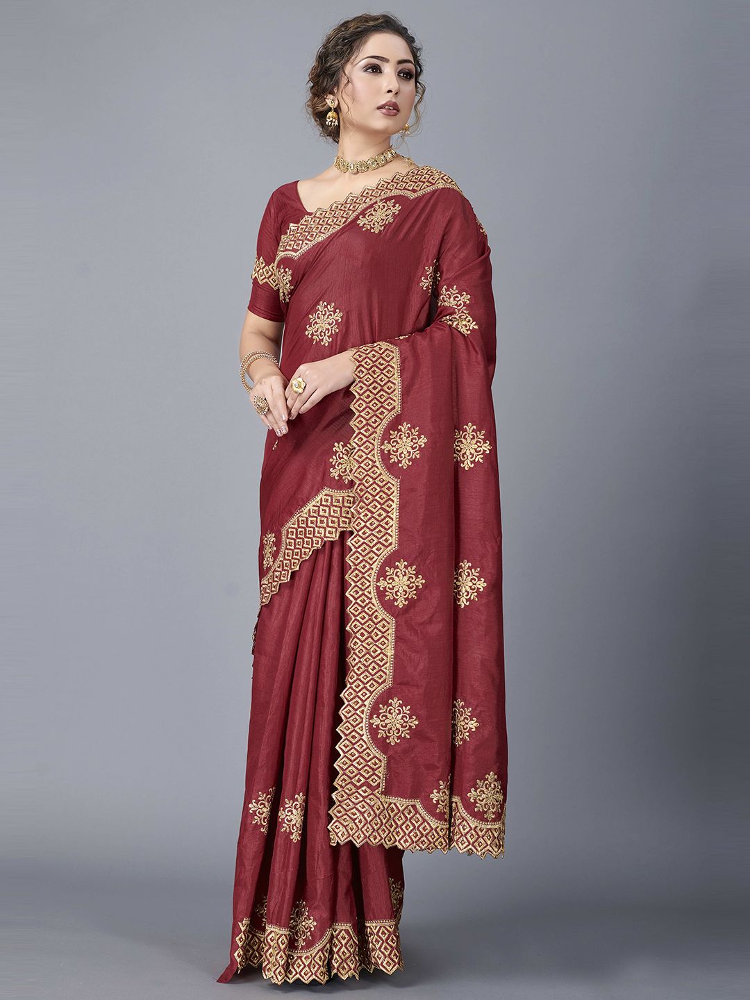 Fashion FRICKS Brown & Gold-Toned Ethnic Motifs Embroidered Pure Silk Saree Price in India