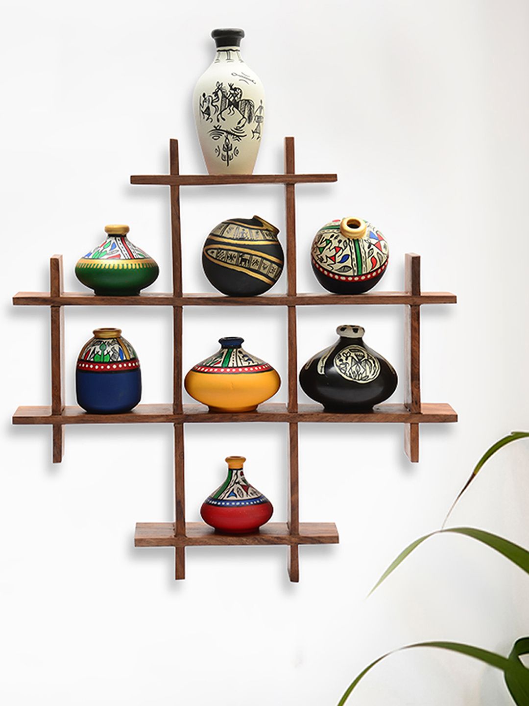 ExclusiveLane Set of 8 Multicoloured Warli Hand-Painted Vases & Wooden Wall Shelf Price in India