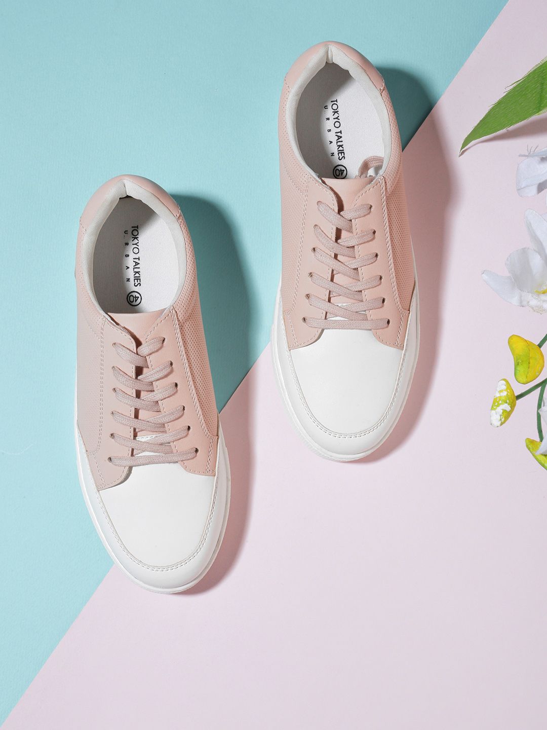 Tokyo Talkies Women Pink And White Colourblocked PU Sneakers Price in India