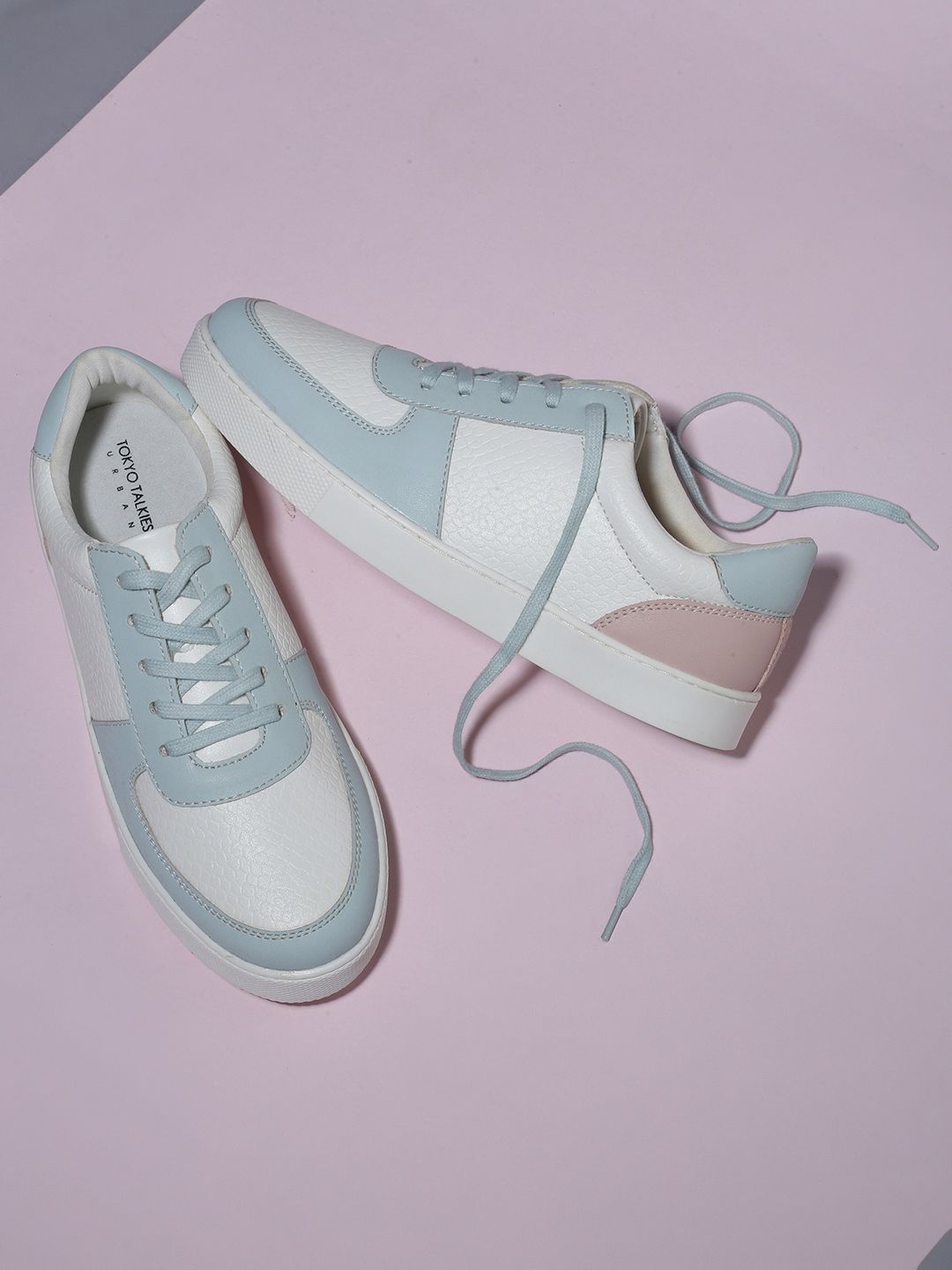 Tokyo Talkies Women White And Blue Colourblocked PU Sneakers Price in India