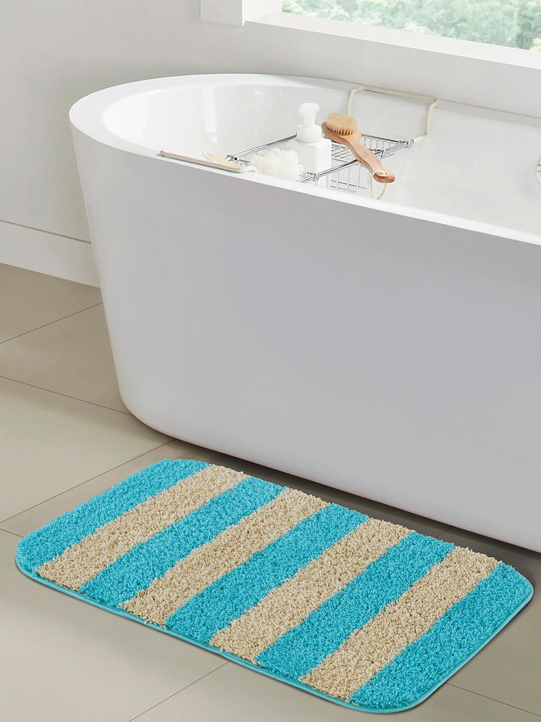 OBSESSIONS Teal Teal & Beige Striped Patterned 1400 GSM Bath Rugs Price in India