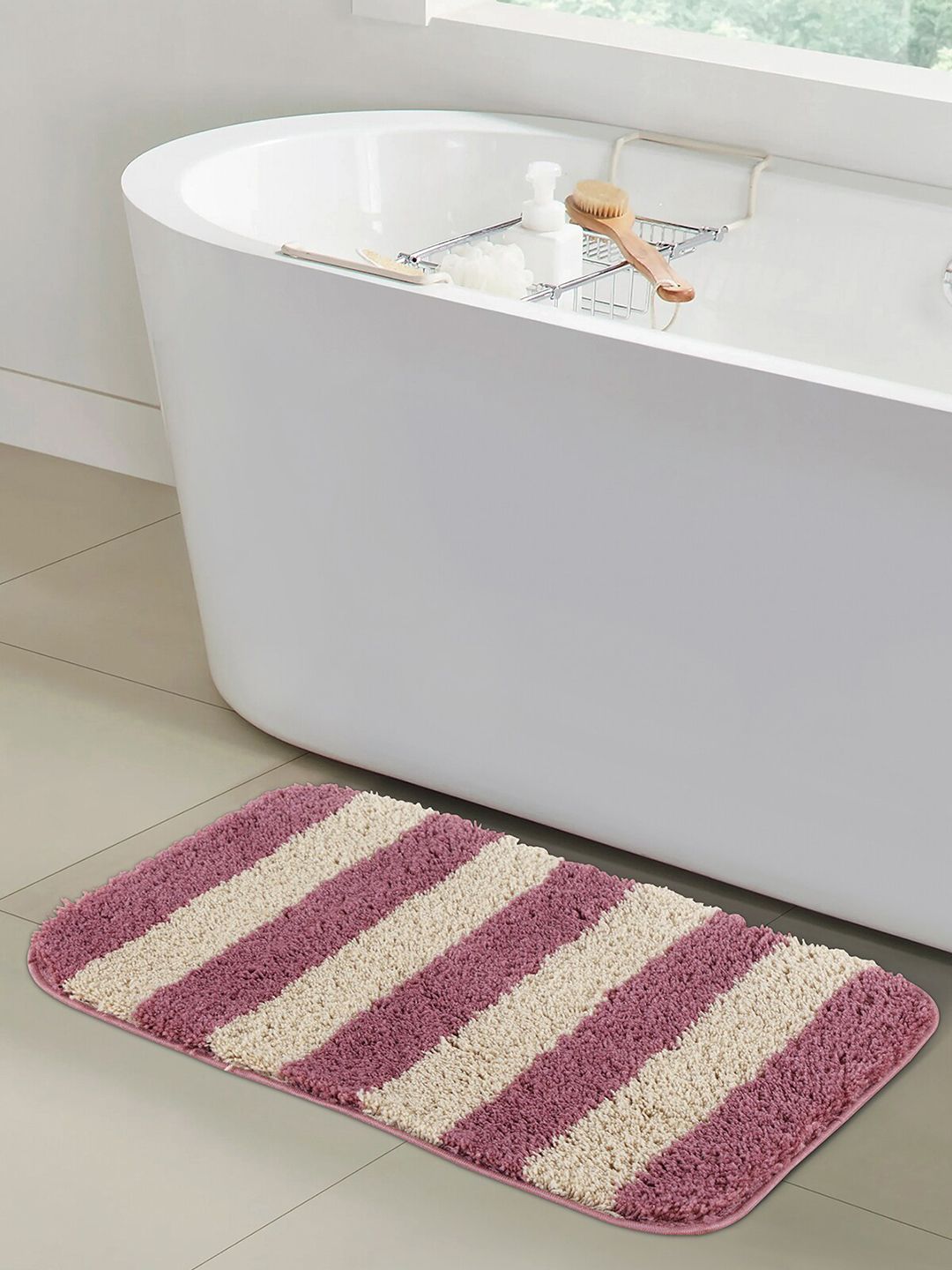 OBSESSIONS Pink & Cream  Striped 1400GSM Anti-Skid Bath Rug Price in India