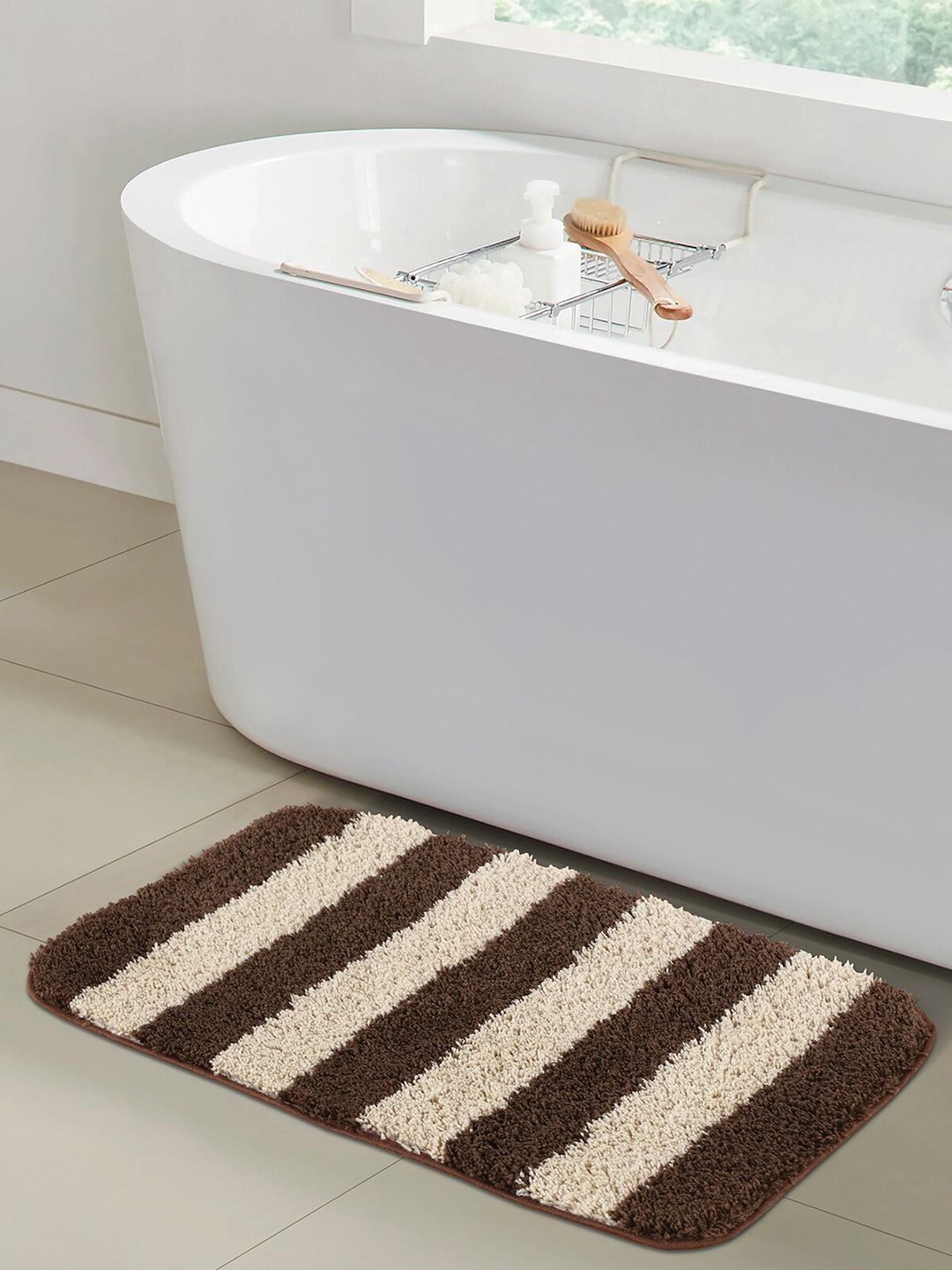 OBSESSIONS Brown Striped Anti-skid Bath Rug Price in India