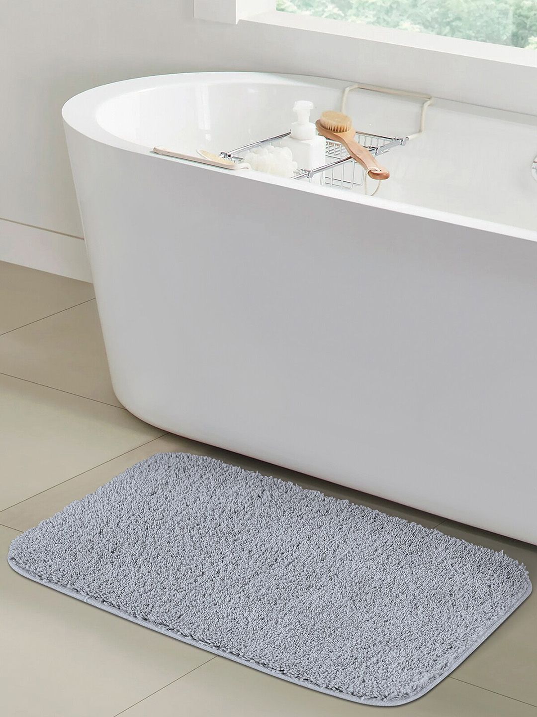 OBSESSIONS Silver-Colored Solid 1400 GSM Anti-Skid Bath Rug Price in India