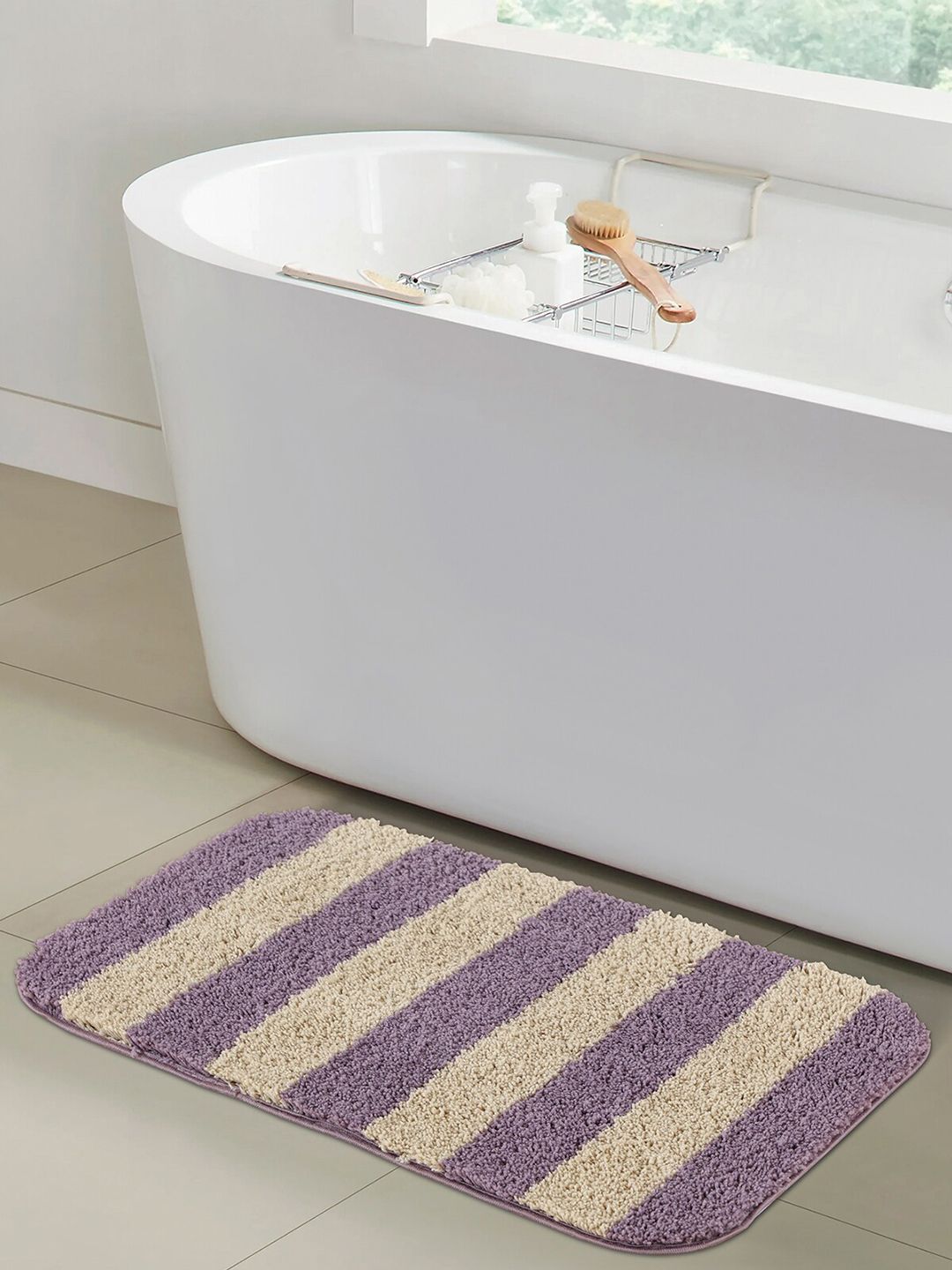 OBSESSIONS Mauve Striped Anti-Skid Bath Rug Price in India