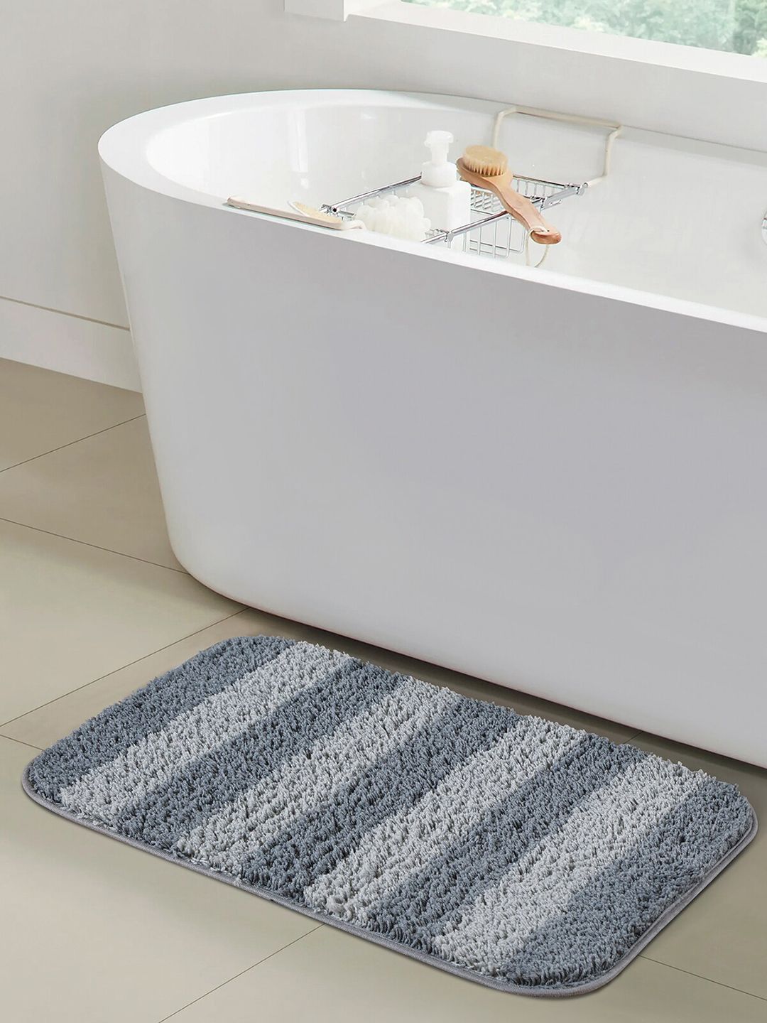 OBSESSIONS Grey Stripped 1400 GSM Anti-Skid Bath Rug Price in India