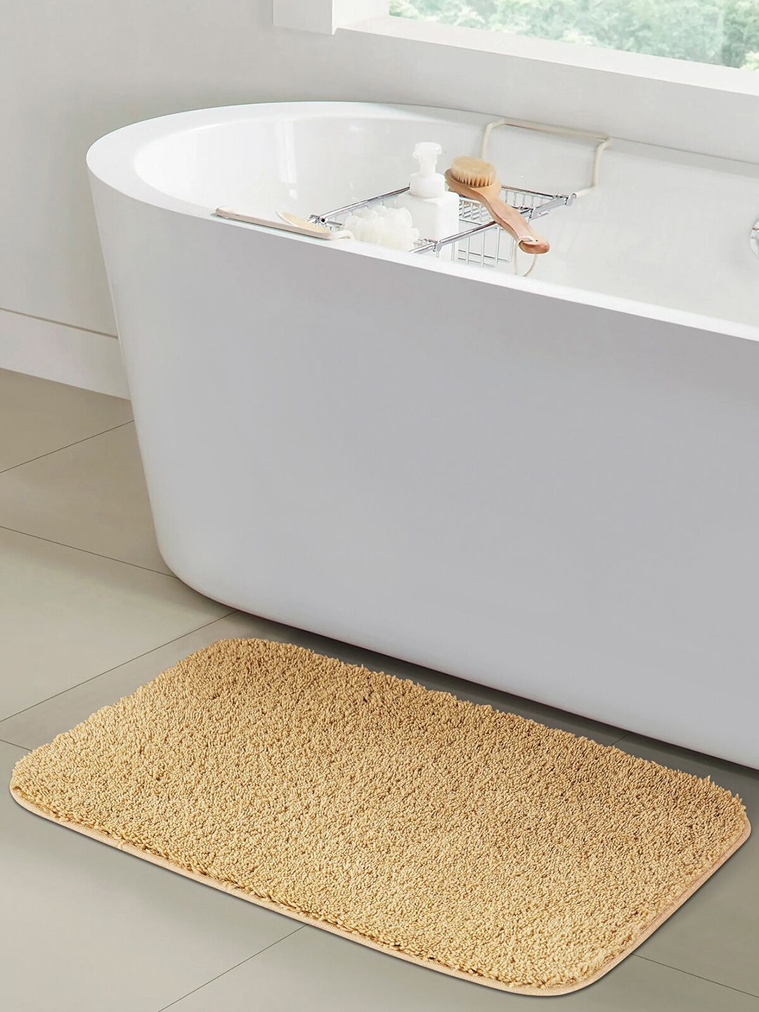 OBSESSIONS Tan-Coloured Solid 1400 GSM Anti-skid Polyester Bath Mat Price in India