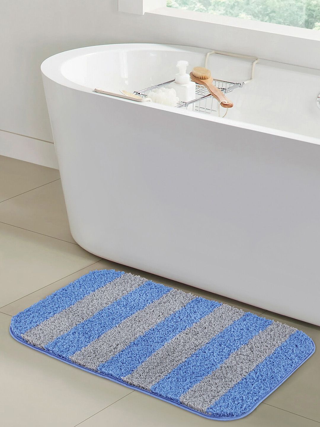 OBSESSIONS Blue & Silver-Toned Striped 1400 GSM Anti-Skid Bath Rugs Price in India