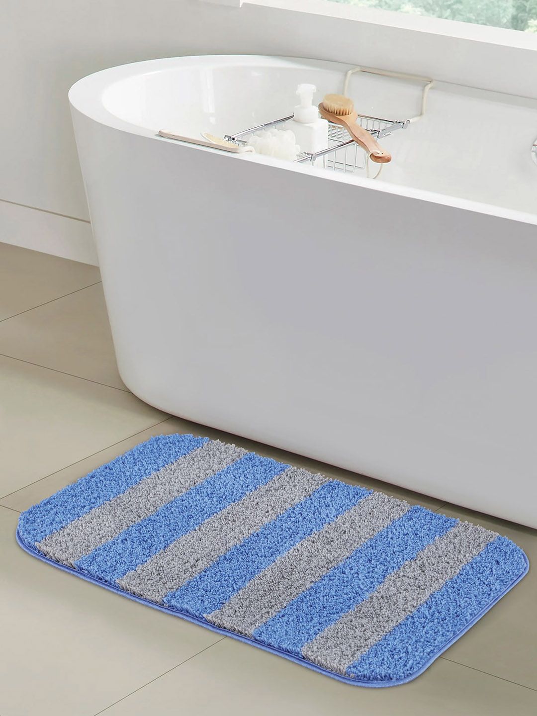 OBSESSIONS Blue Striped 1400 GSM Bath Rug Price in India
