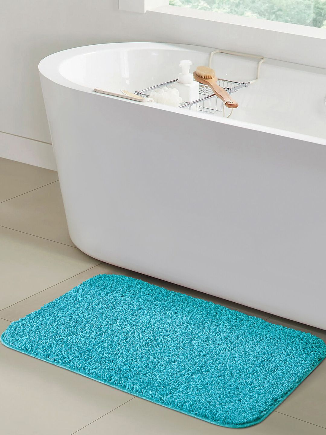 OBSESSIONS Turquoise Blue Self Design 1400 GSM Anti Skid Bath Rug Price in India
