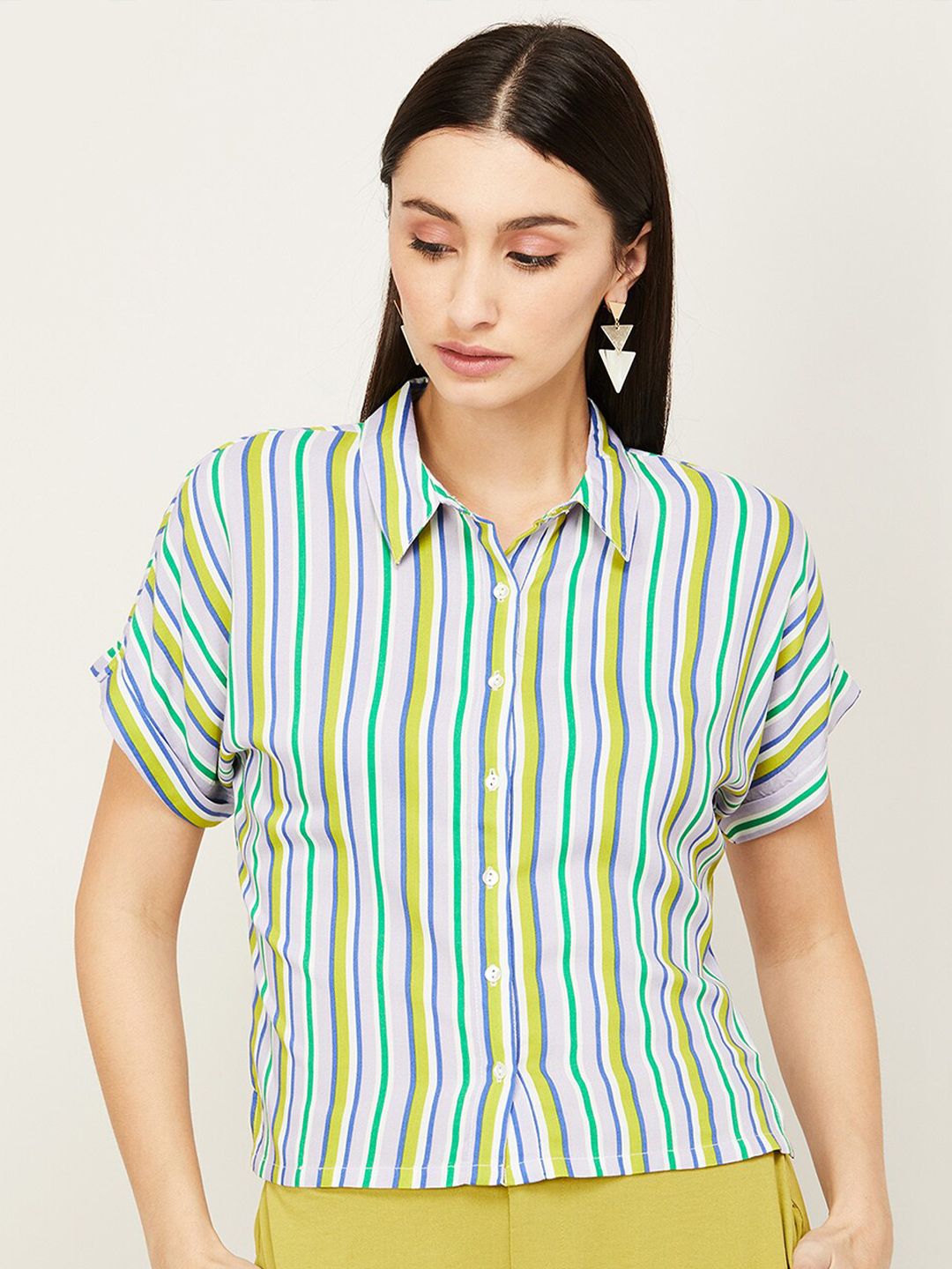 Ginger by Lifestyle Blue & Green Striped Extended Sleeves Shirt Style Top Price in India