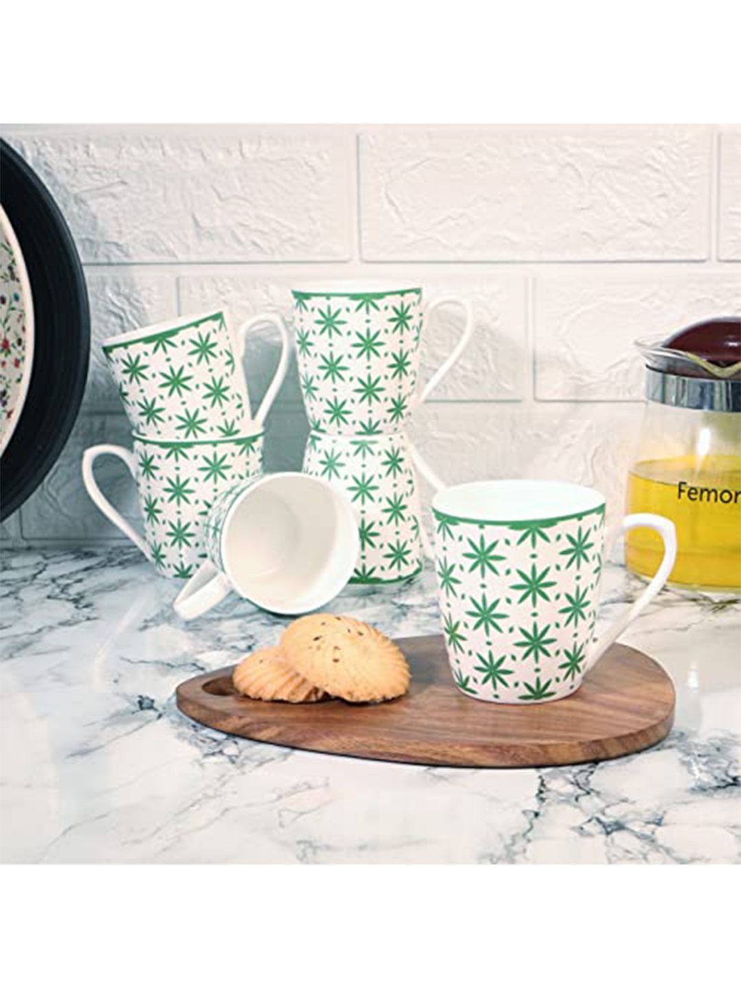 Femora White & Green Pack Of 6 Printed Bone China Glossy Cups Set Price in India