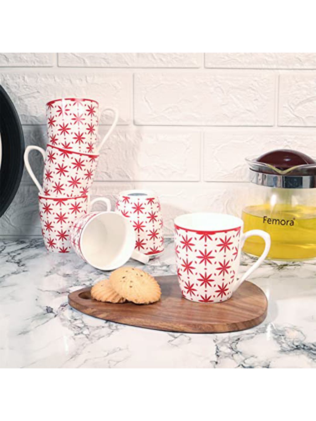 Femora White & Red Printed Bone China Glossy Cups Set of 6 Price in India
