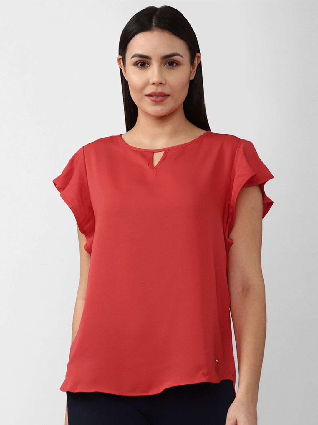 Van Heusen Woman Red Solid Keyhole Neck Polyester Top Price in India