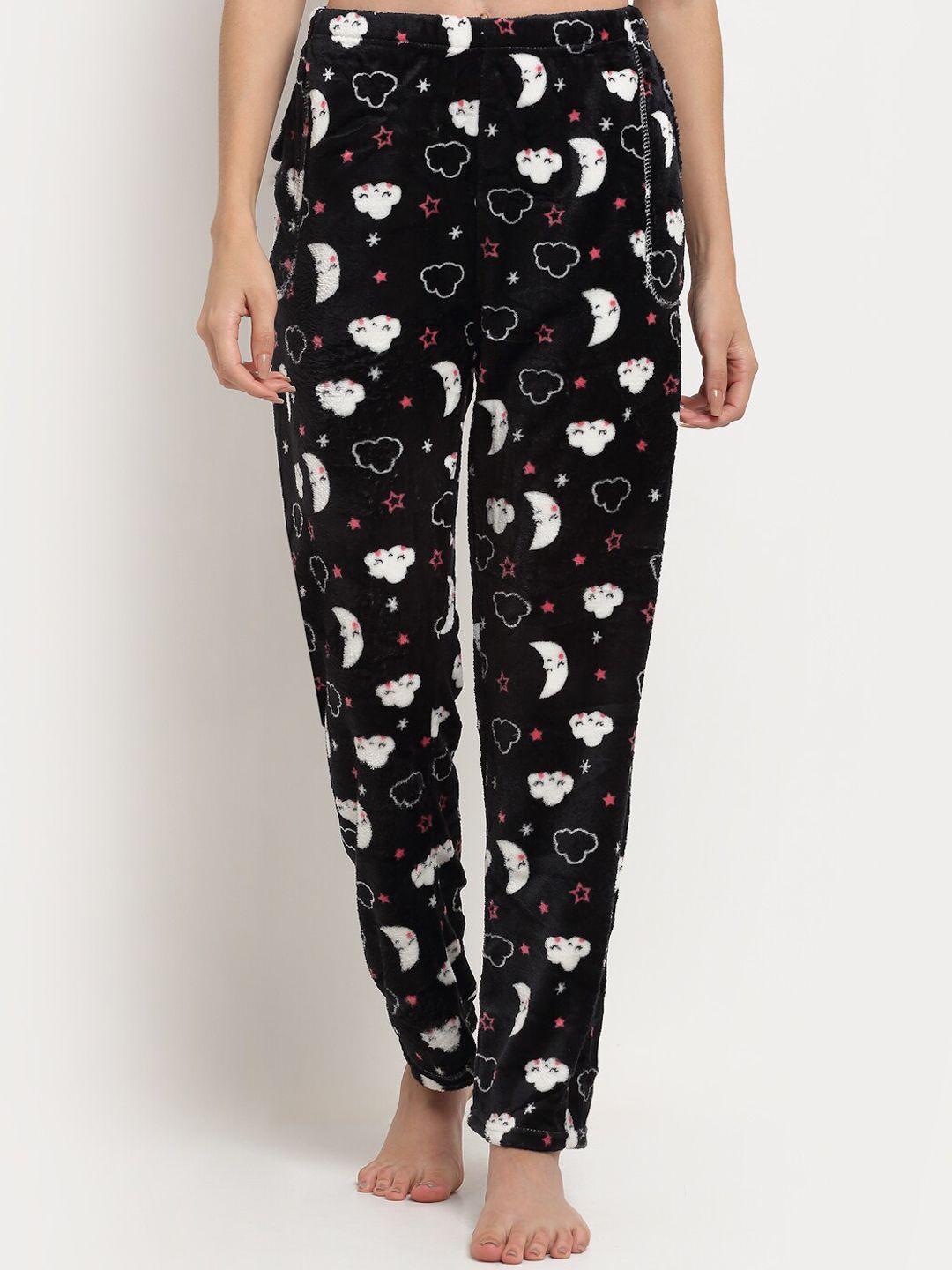 TAG 7 Women Black Printed Fleece Fur Lounge Pants Price in India