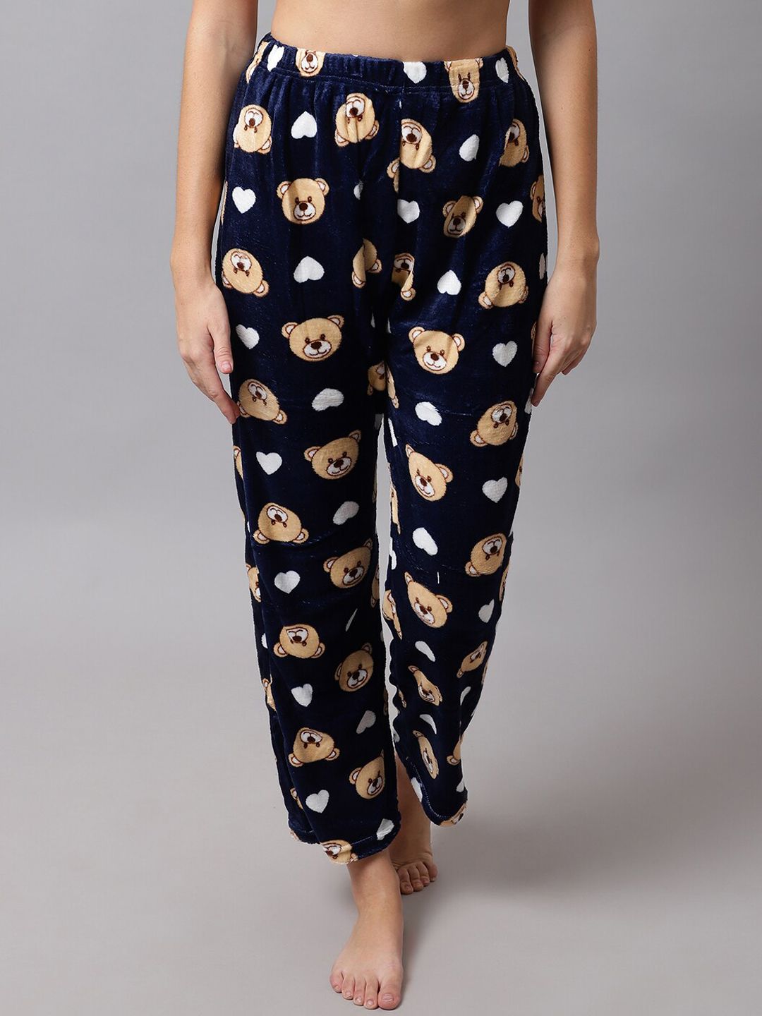 TAG 7 Women Navy Blue & Beige Printed Fleece Lounge Pants Price in India