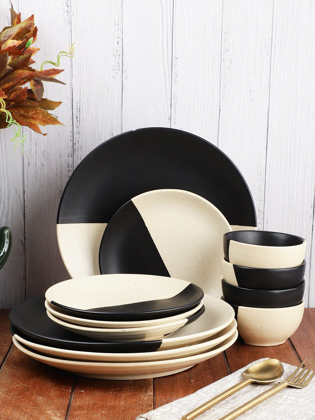 MIAH Decor Black & Cream-Coloured Set Of 12 Printed Stoneware Matte Dinner Set Price in India