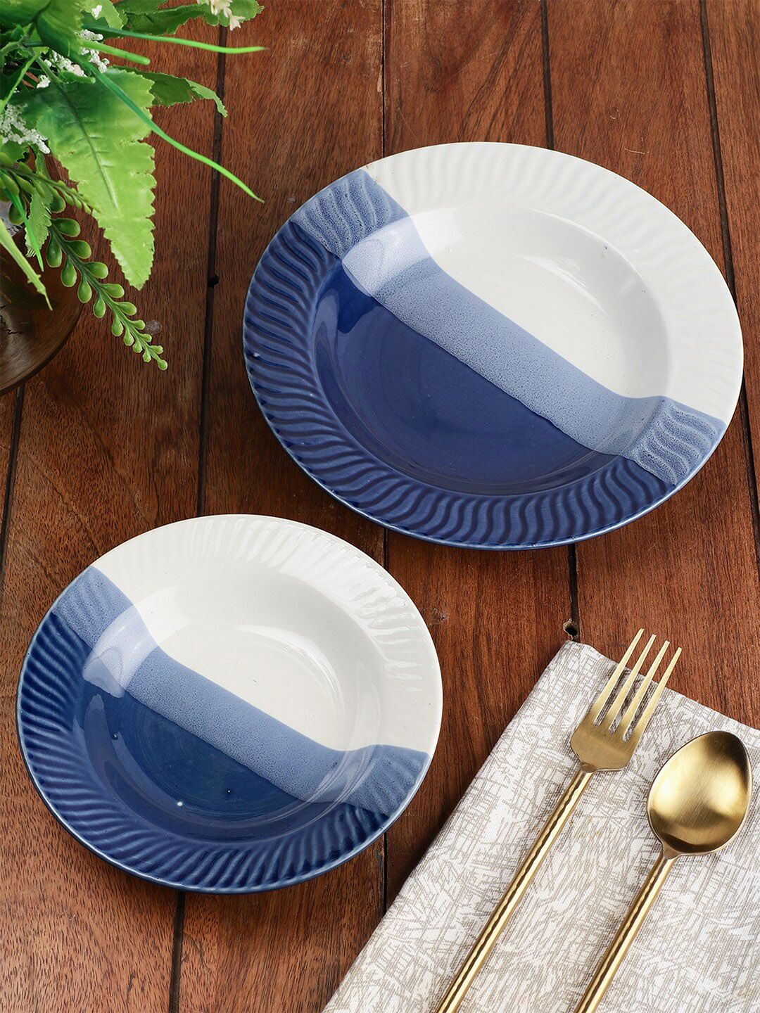 MIAH Decor Blue & White Set Of 2 Printed Porcelain Glossy Bowls Price in India