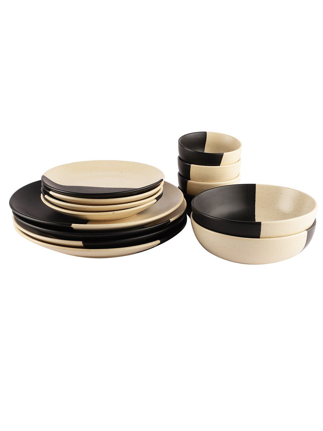 MIAH Decor Black & Cream-Coloured Set Of 14 Printed Stoneware Matte Dinner Set Price in India