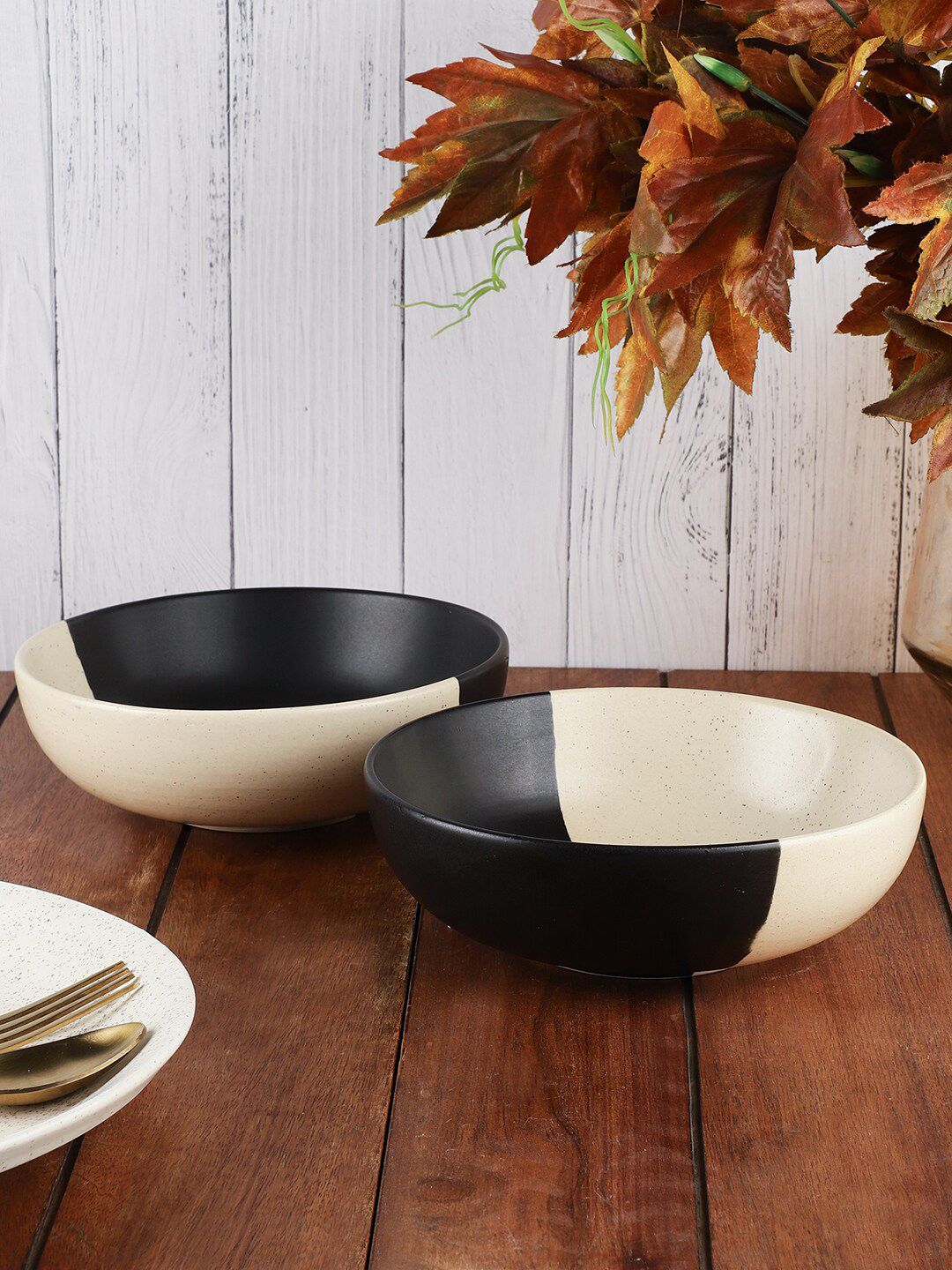 MIAH Decor Black & Cream-Coloured Set Of 2 Printed Stoneware Matte Bowls Price in India