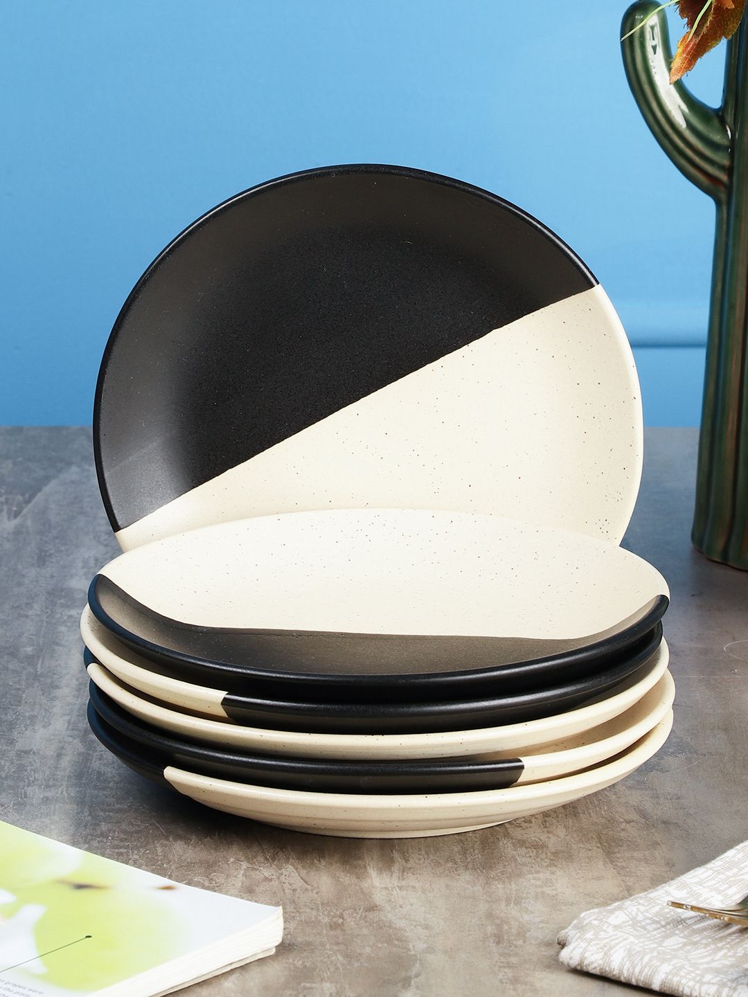 MIAH Decor Set of 6 Black & White The Raat-Din Collection Color blocked Stoneware Plates Price in India