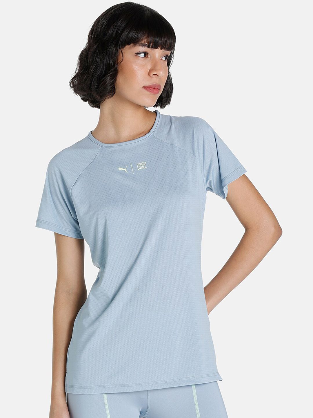 PUMA x FIRST MILE Women Blue & Fluorescent Green Running Brand Logo Slim Fit T-shirt Price in India