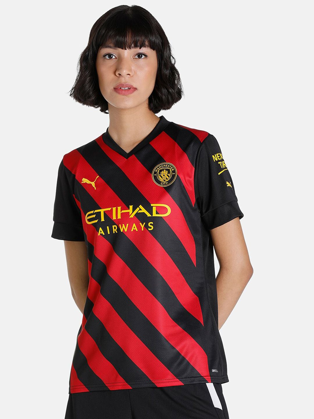 Puma Women Black & Red Manchester City Striped V-Neck T-shirt Price in India