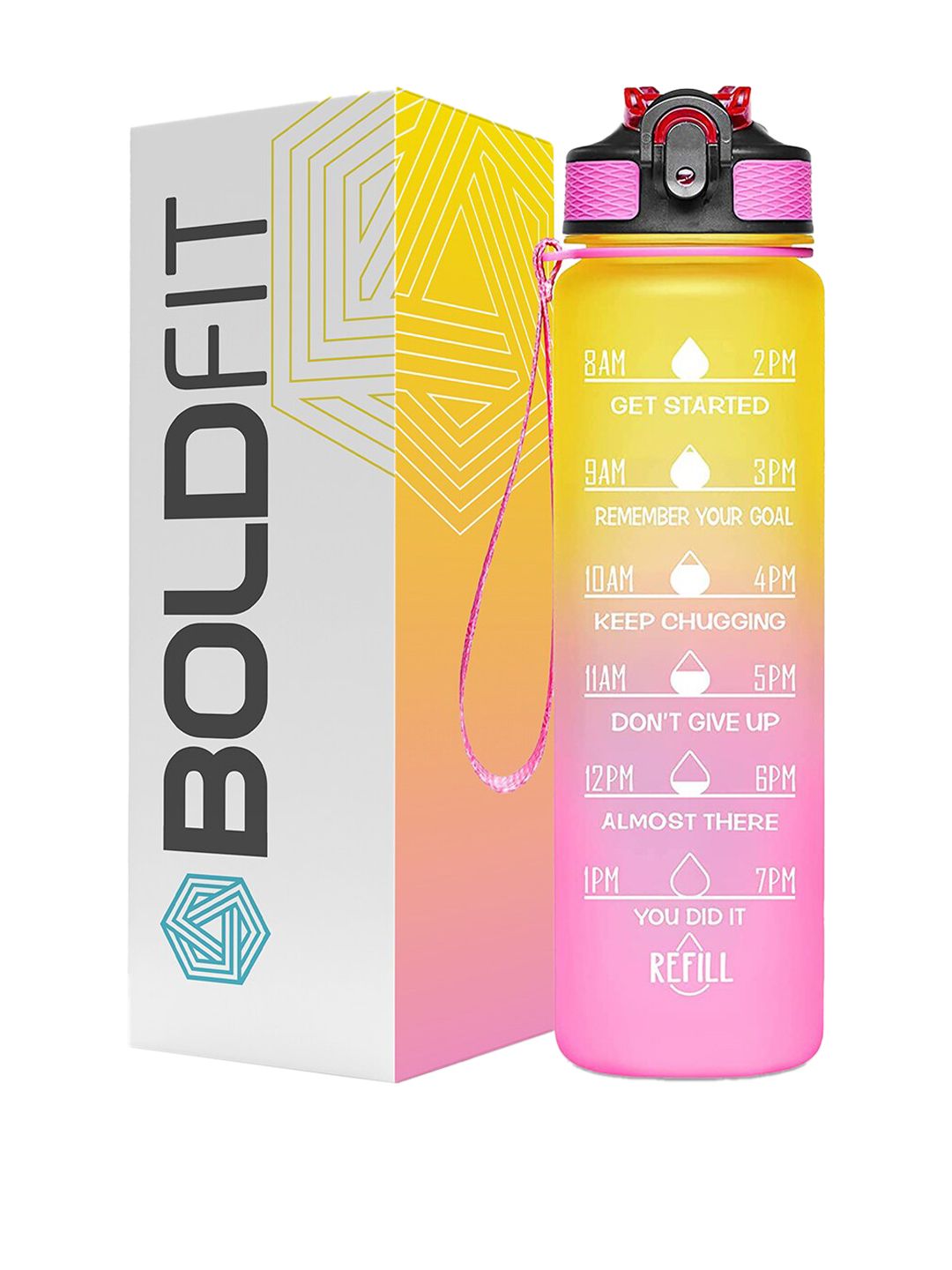 BOLDFIT Yellow & Pink Typography Printed Sports Sipper Water Bottle- 1000ML Price in India