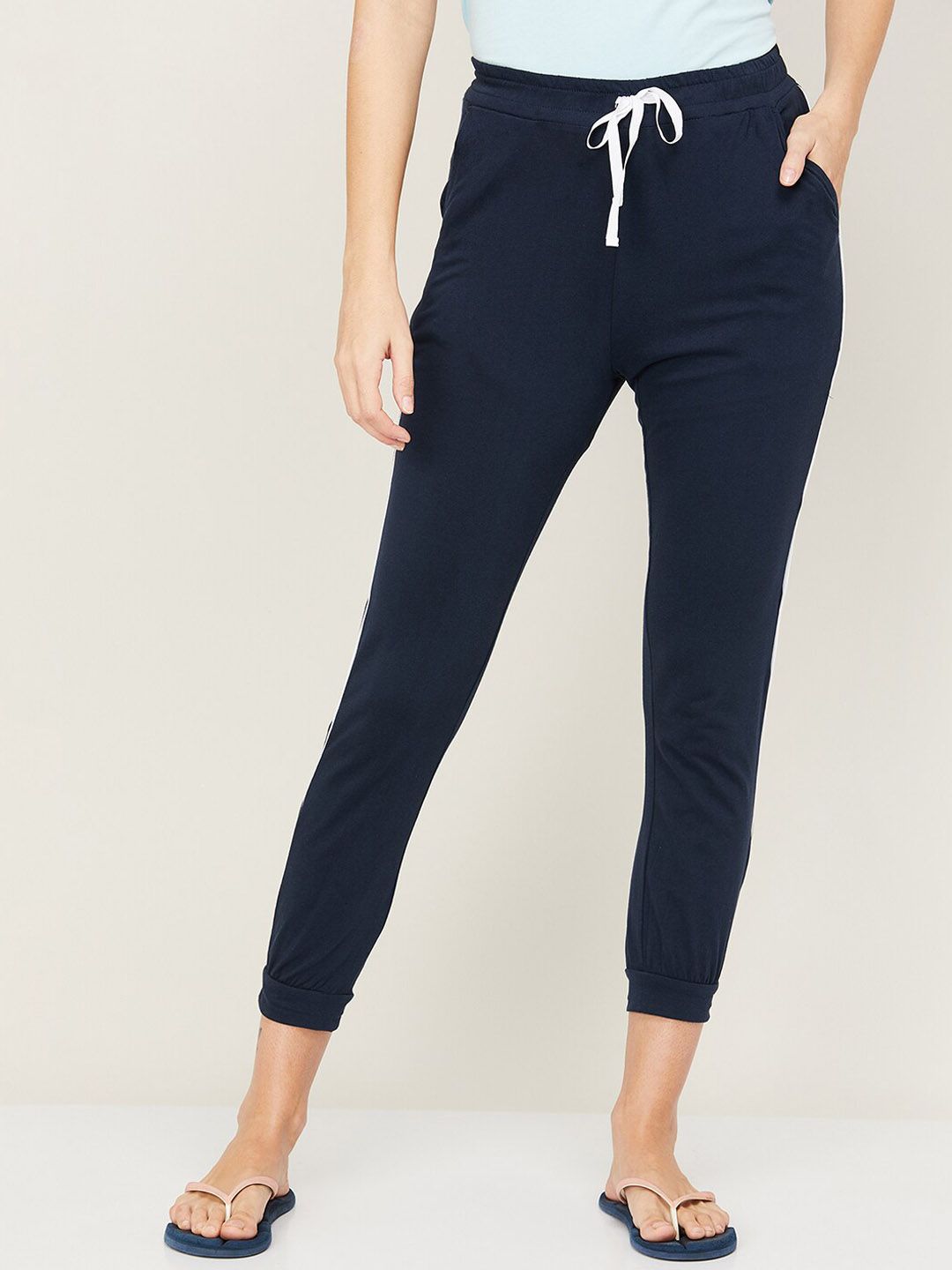 Ginger by Lifestyle Women Navy-Blue Solid Cotton Lounge Joggers Price in India