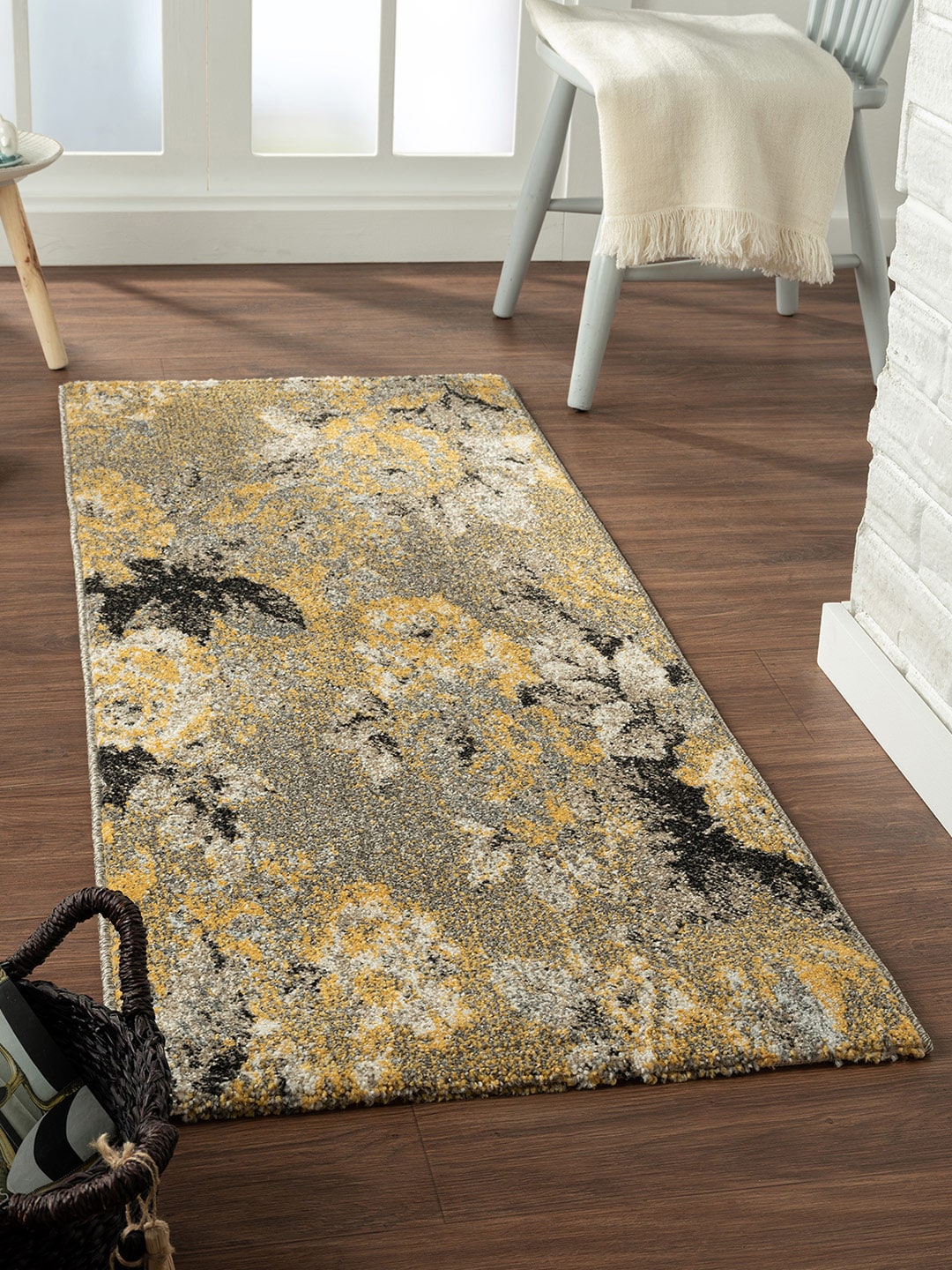 OBSESSIONS Yellow & Grey Floral Rectangular Carpet Price in India