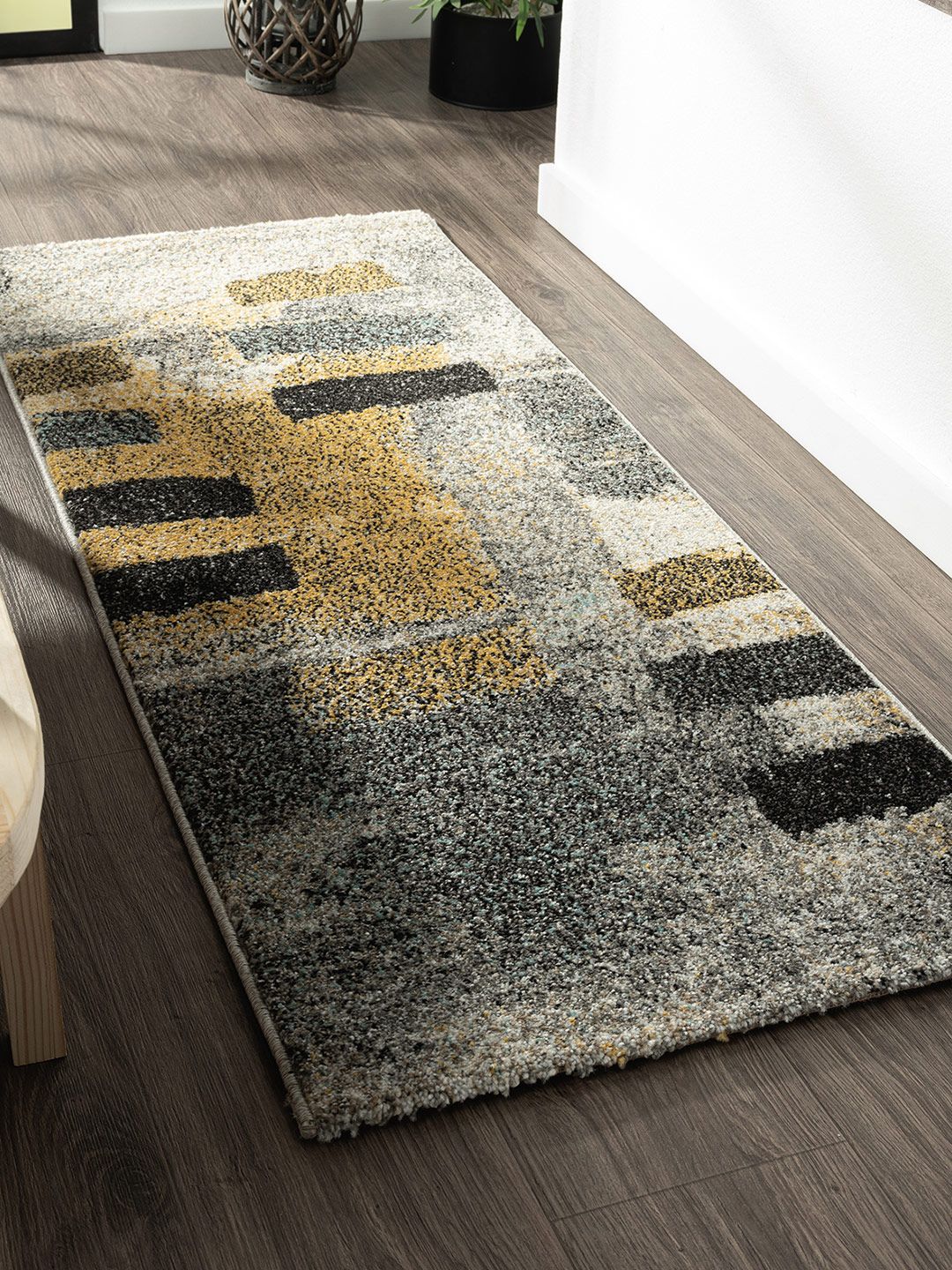 OBSESSIONS Mustard Yellow & Black Abstract Floor Runner Price in India