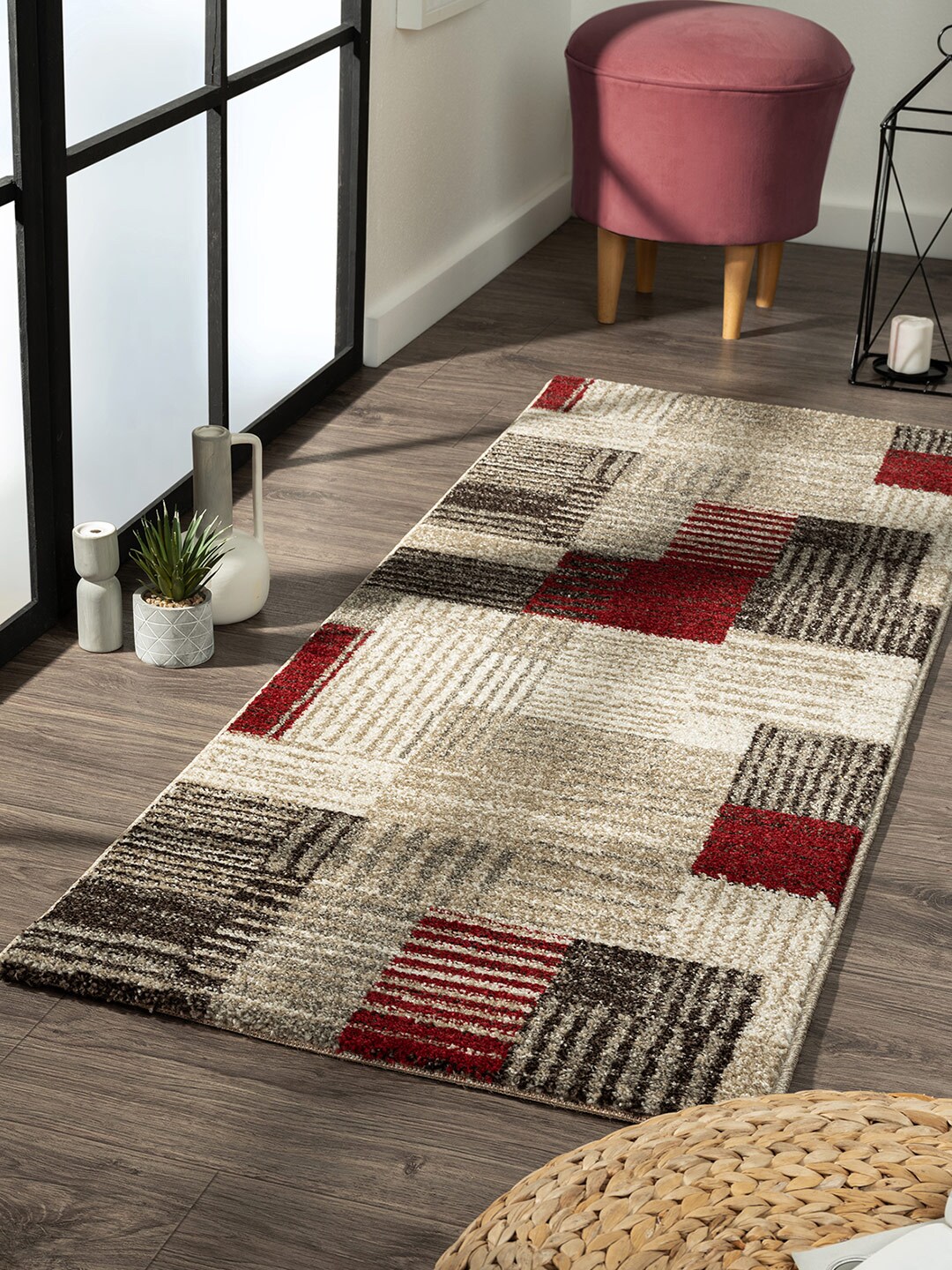 OBSESSIONS Maroon & Grey Geometric Rectangular Carpet Price in India