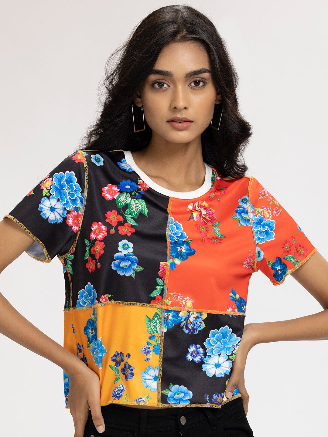 SHAYE Black & Orange Floral Colourblocked Boxy Crop Top Price in India