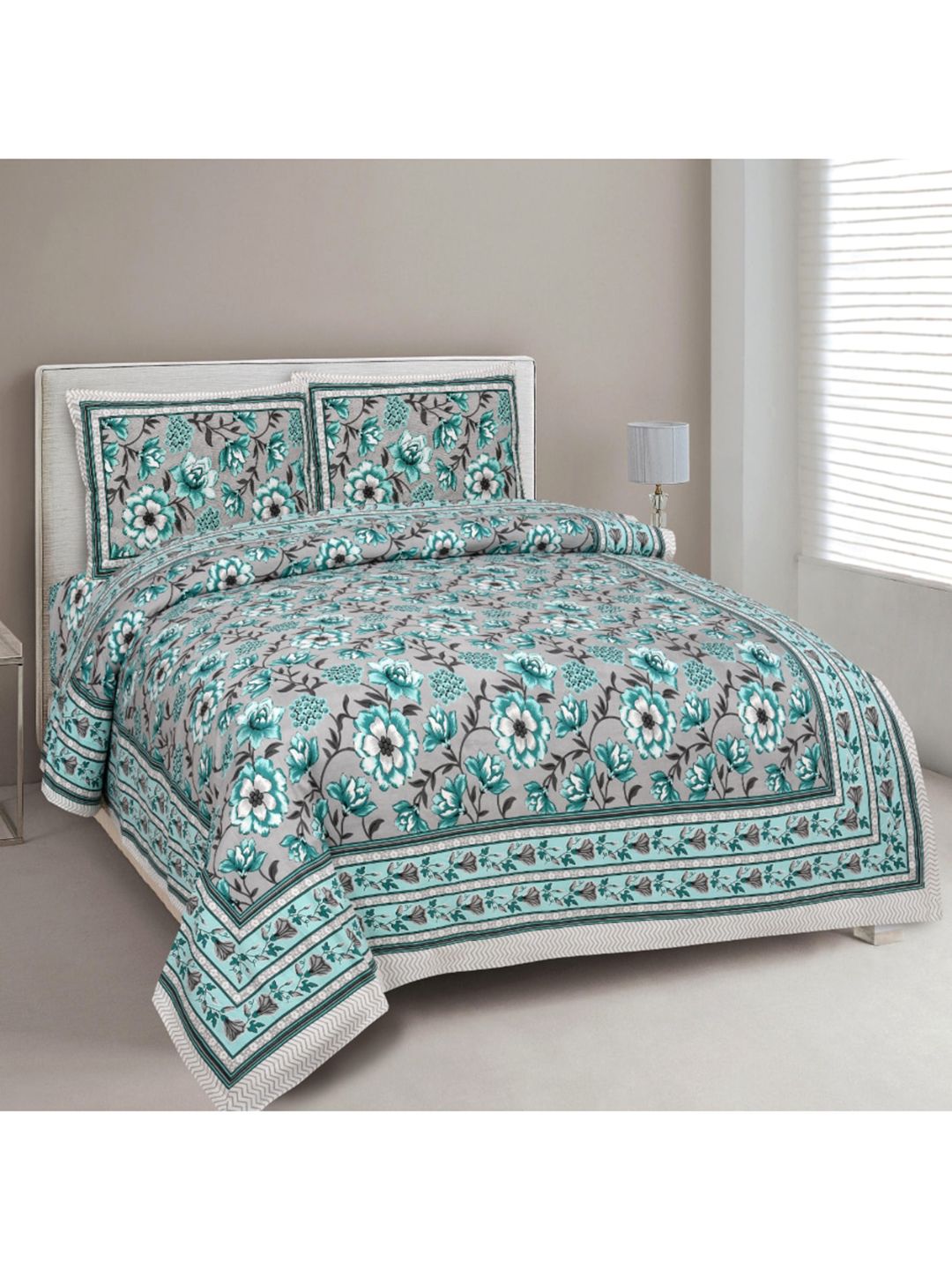 INDHOME LIFE Grey & Blue Floral 220 TC King Bedsheet with 2 Pillow Covers Price in India