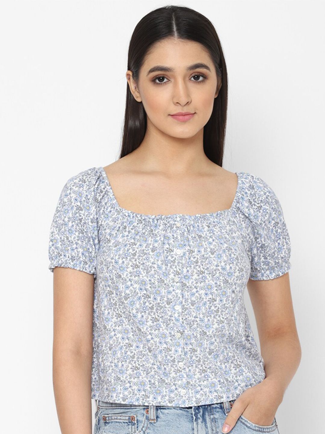 AMERICAN EAGLE OUTFITTERS Blue Floral Printed Top Price in India